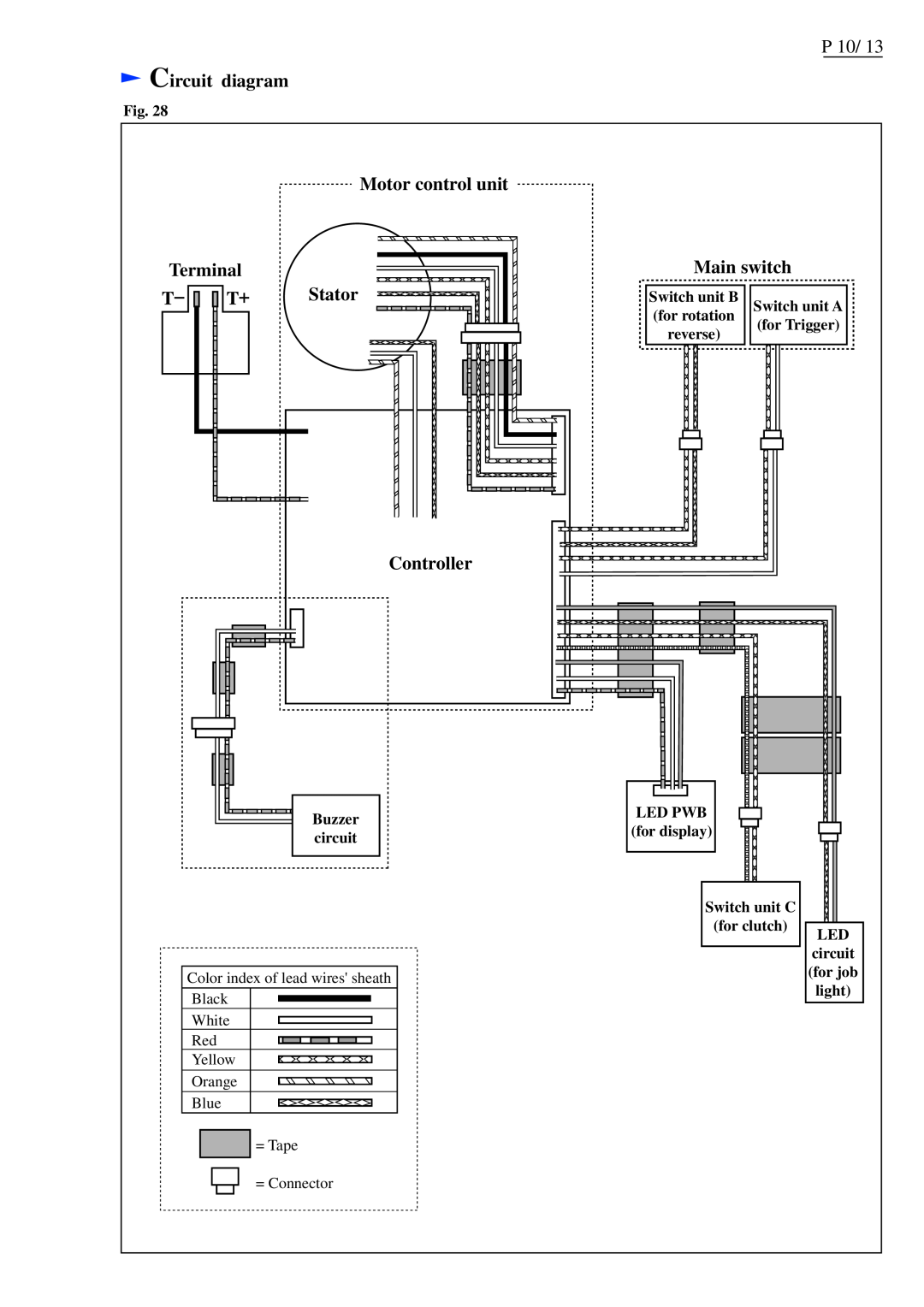 Makita BFL300F Circuit diagram, Motor control unit Terminal Stator, Main switch, Controller, reverse, for Trigger, light 
