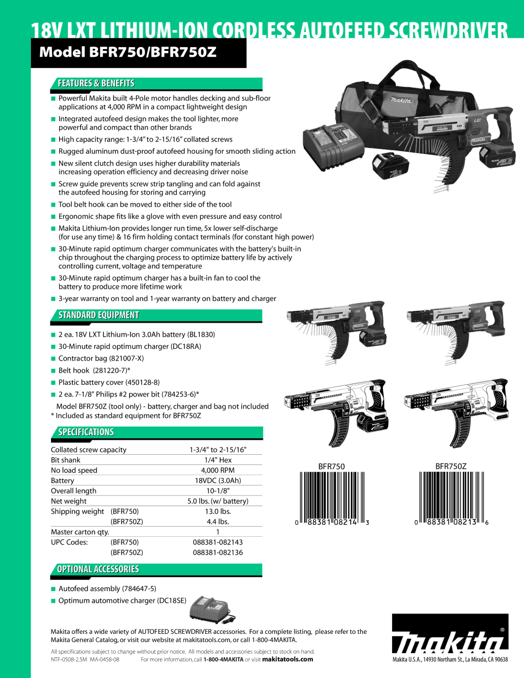 Makita BFR750Z manual Features & Benefits, Standard Equipment, Specifications, Optional Accessories 