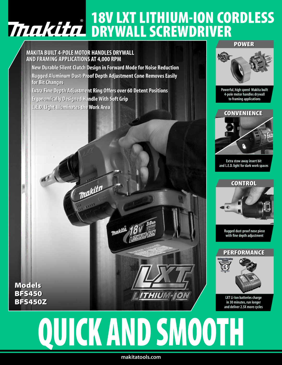 Makita BFS450Z manual Quick and Smooth, 18V LXT LITHIUM-ION Cordless Drywall Screwdriver 