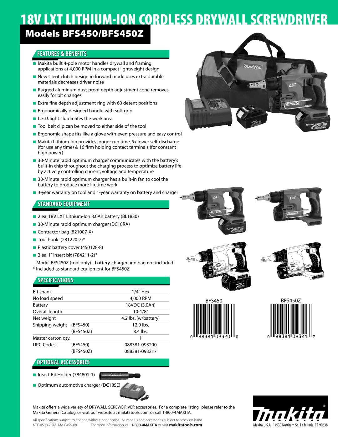 Makita manual 18V LXT LITHIUM-ION Cordless Drywall Screwdriver, Models BFS450/BFS450Z 