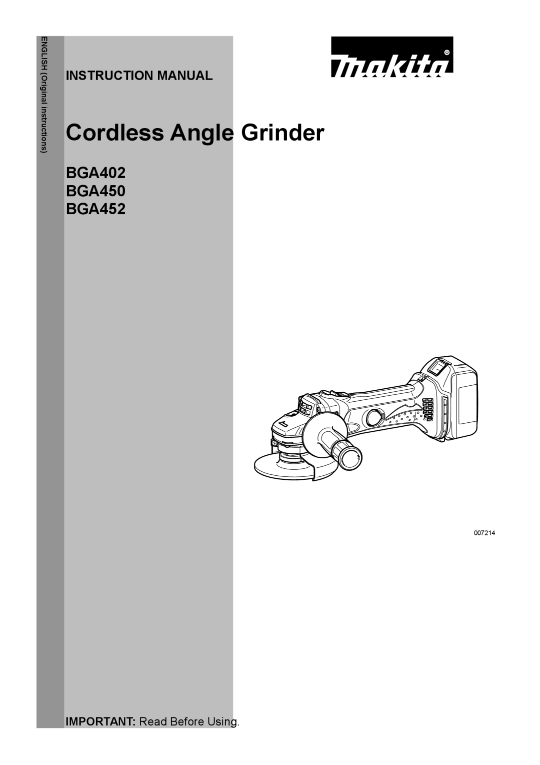 Makita BGA402, BGA450, BGA452 instruction manual Cordless Angle Grinder 