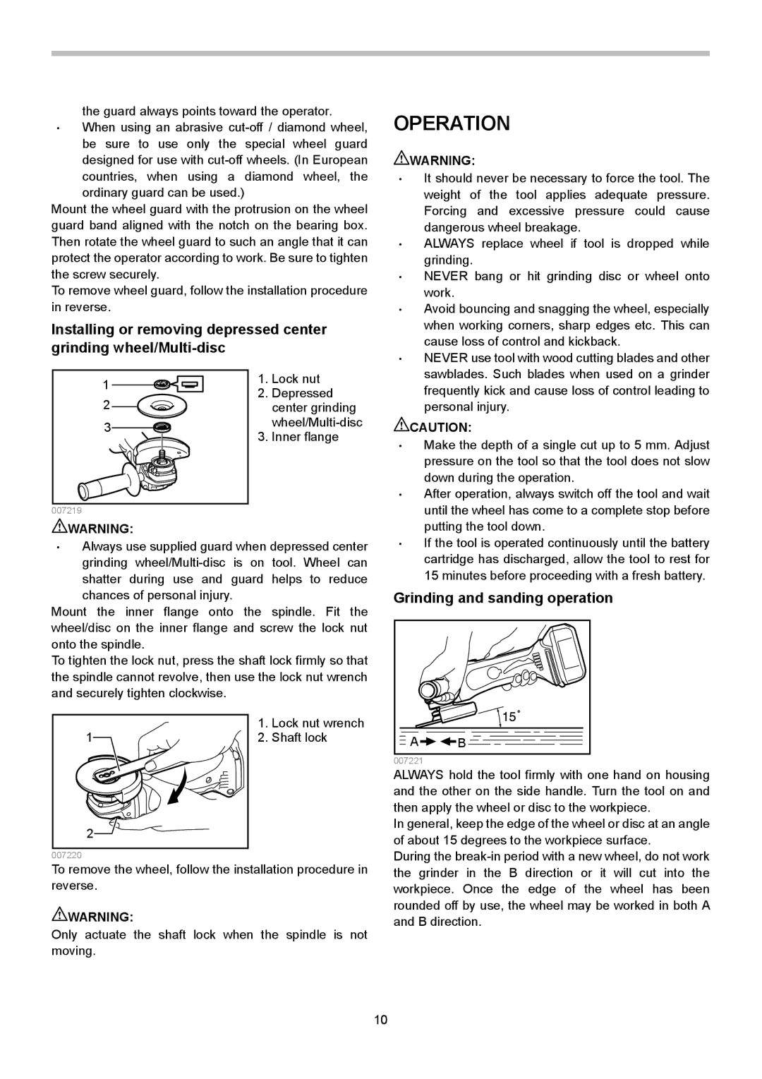 Makita BGA402, BGA450, BGA452 instruction manual Operation, Grinding and sanding operation 