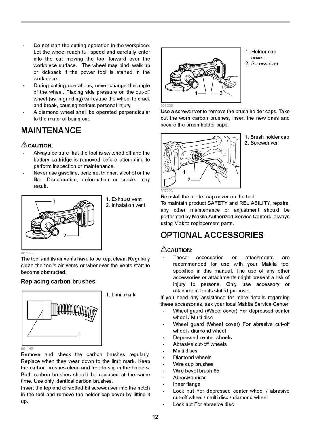 Makita BGA450, BGA402, BGA452 instruction manual Maintenance, Optional Accessories, Replacing carbon brushes 