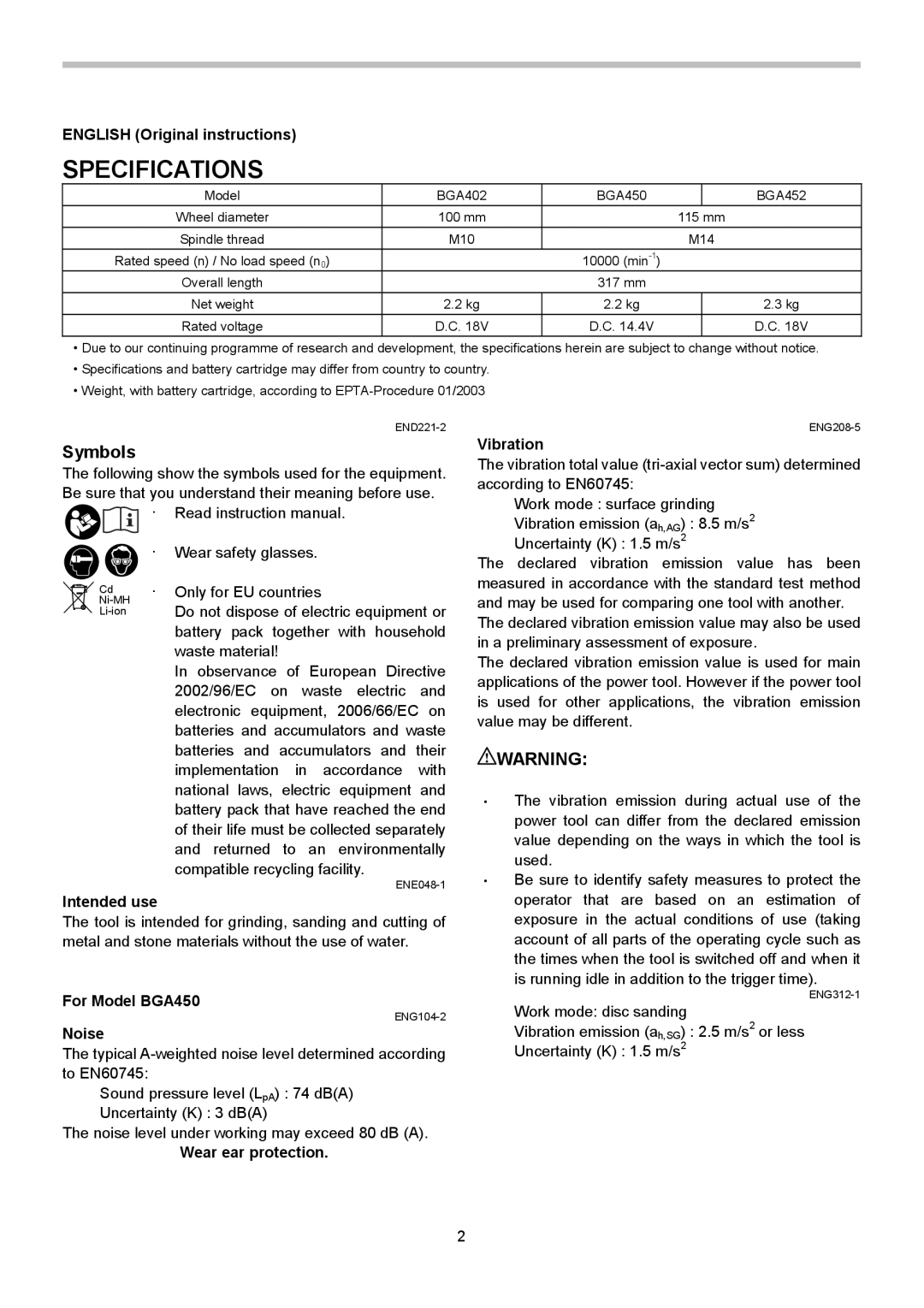 Makita BGA452, BGA450, BGA402 instruction manual Specifications, Symbols 