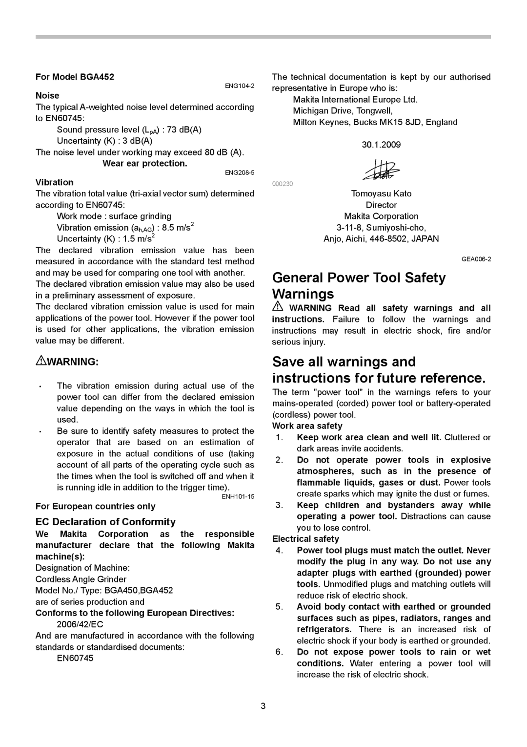 Makita BGA450, BGA402 instruction manual EC Declaration of Conformity, For Model BGA452, For European countries only 