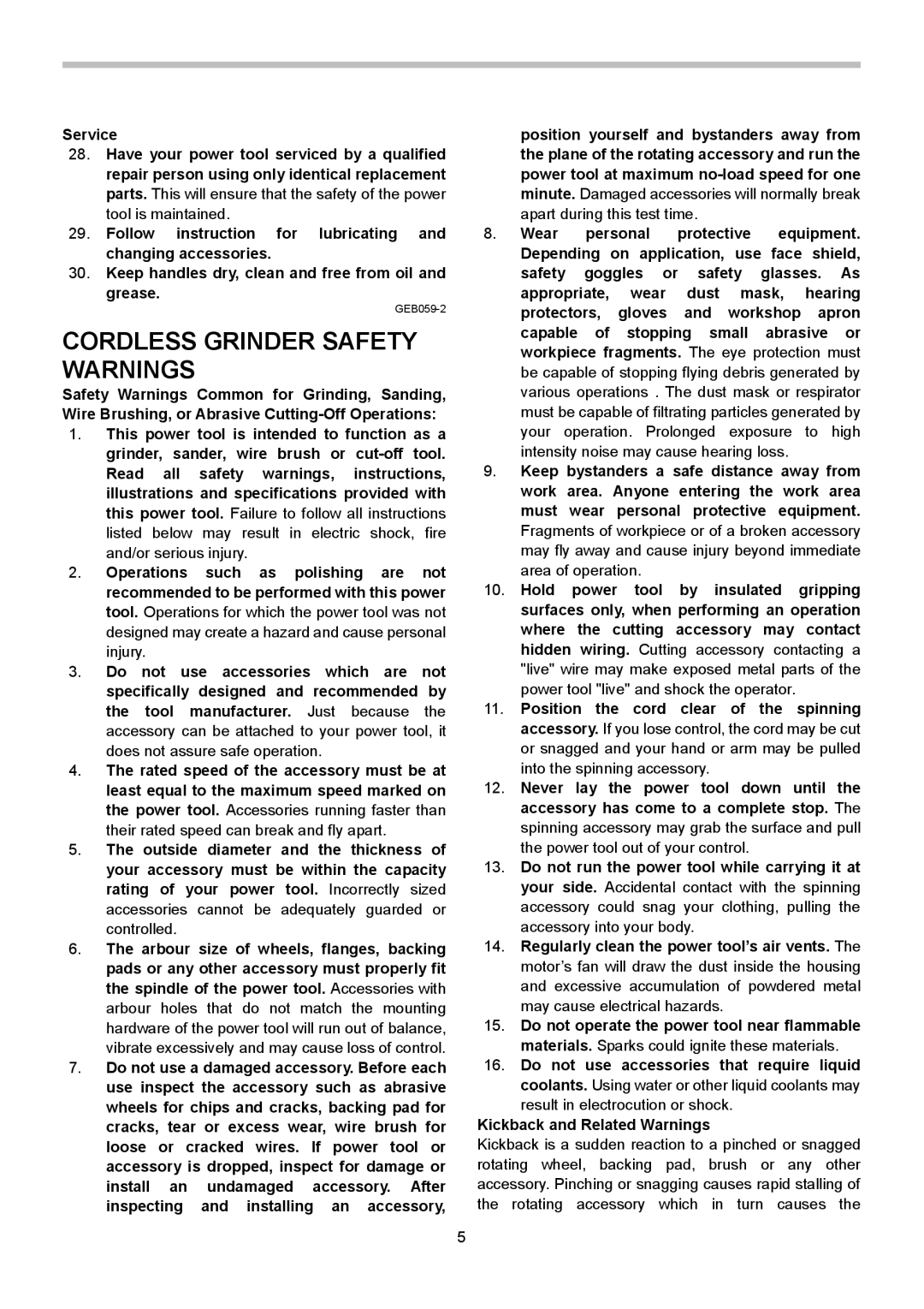 Makita BGA452, BGA450, BGA402 instruction manual Cordless Grinder Safety Warnings, Kickback and Related Warnings 