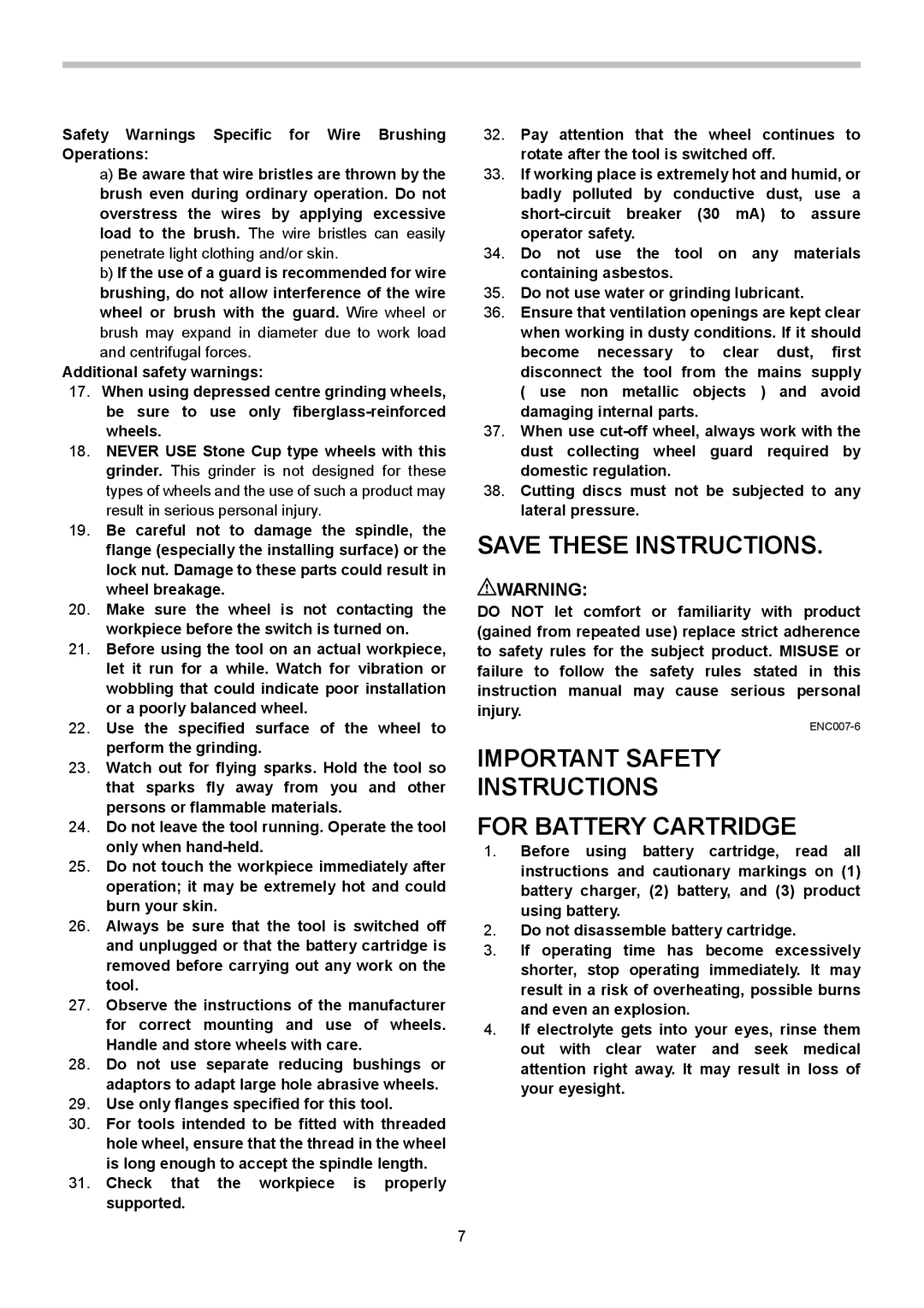 Makita BGA402, BGA450, BGA452 instruction manual Important Safety Instructions For Battery Cartridge 