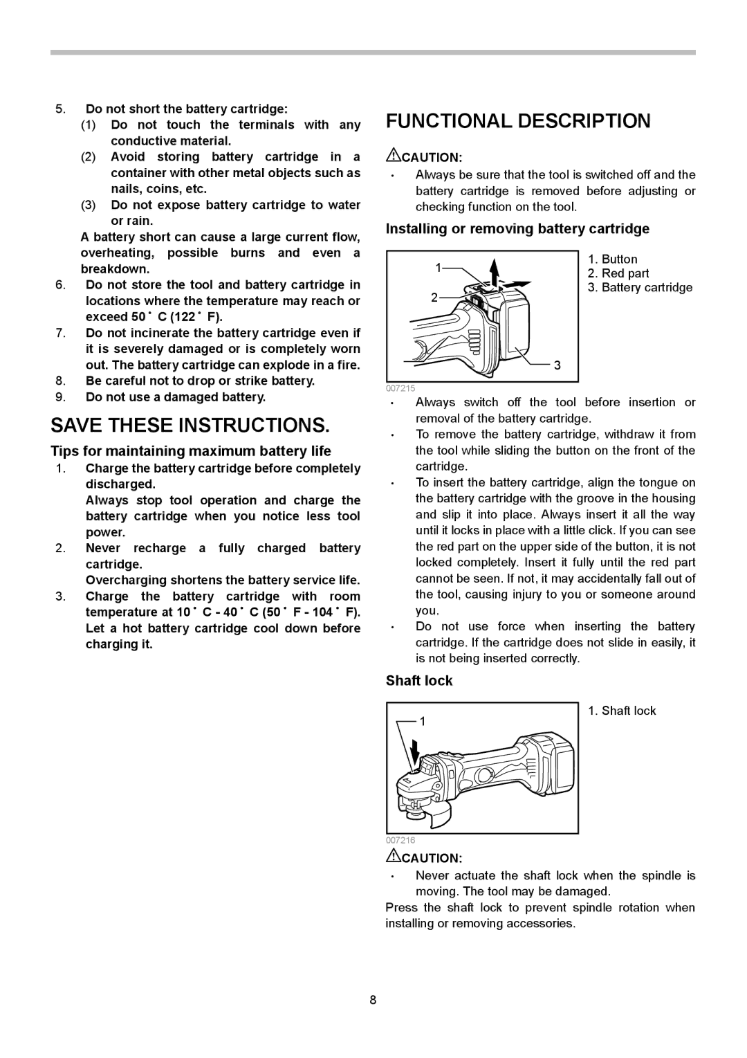 Makita BGA452 Functional Description, Installing or removing battery cartridge, Tips for maintaining maximum battery life 