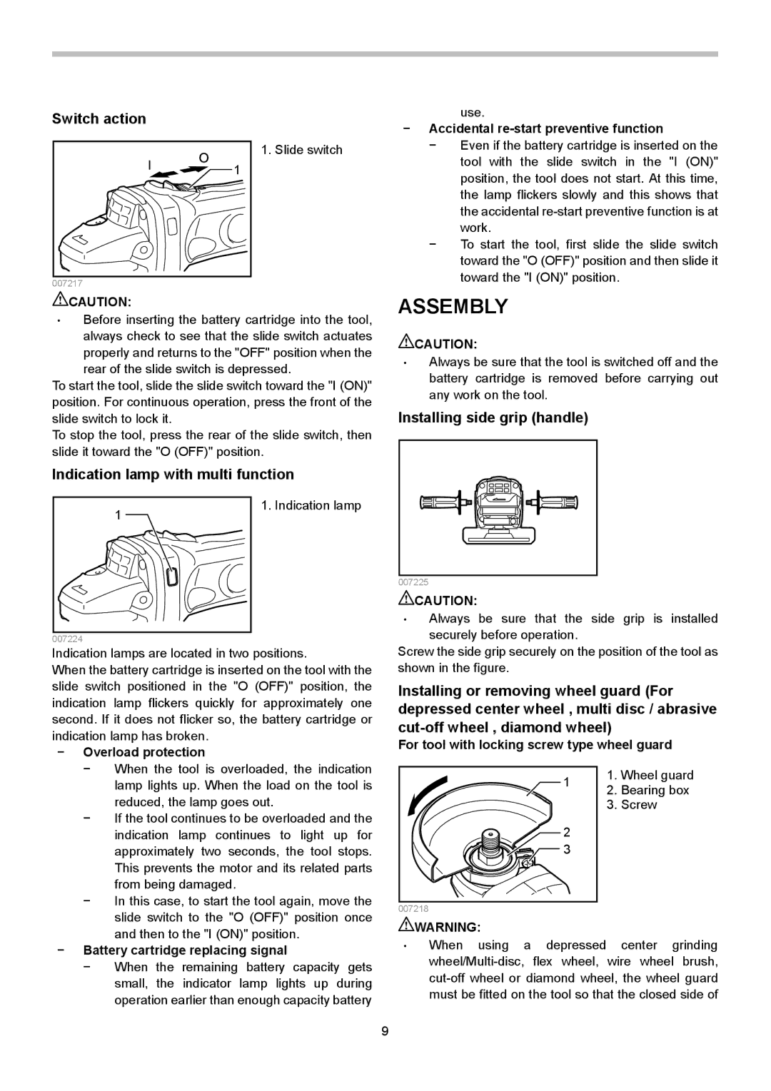 Makita BGA450, BGA402, BGA452 Assembly, Switch action, Indication lamp with multi function, Installing side grip handle 