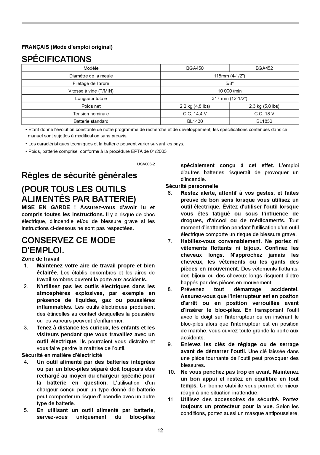 Makita BGA450, BGA452 Spécifications, Pour Tous LES Outils Alimentés PAR Batterie, Conservez CE Mode Demploi 