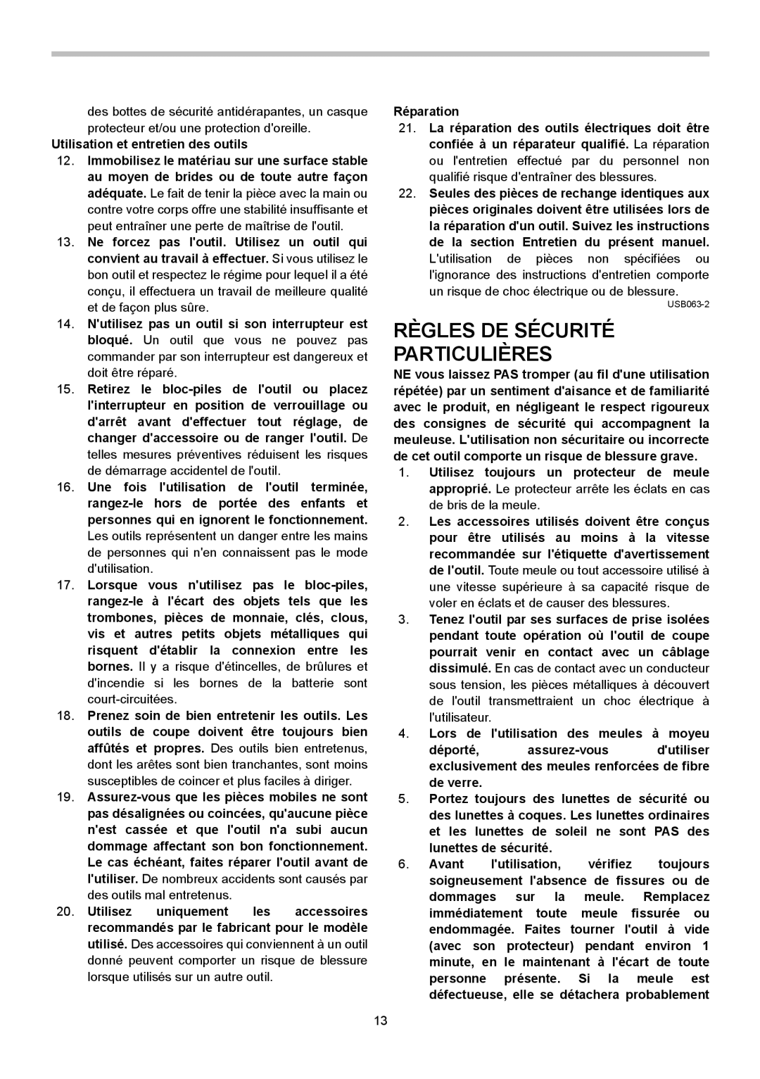 Makita BGA452, BGA450 instruction manual Règles DE Sécurité Particulières, Utilisation et entretien des outils 