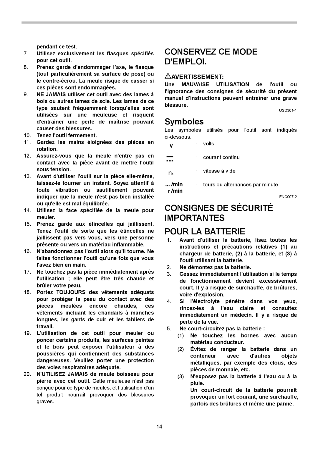 Makita BGA450, BGA452 instruction manual Consignes DE Sécurité Importantes Pour LA Batterie, Avertissement 