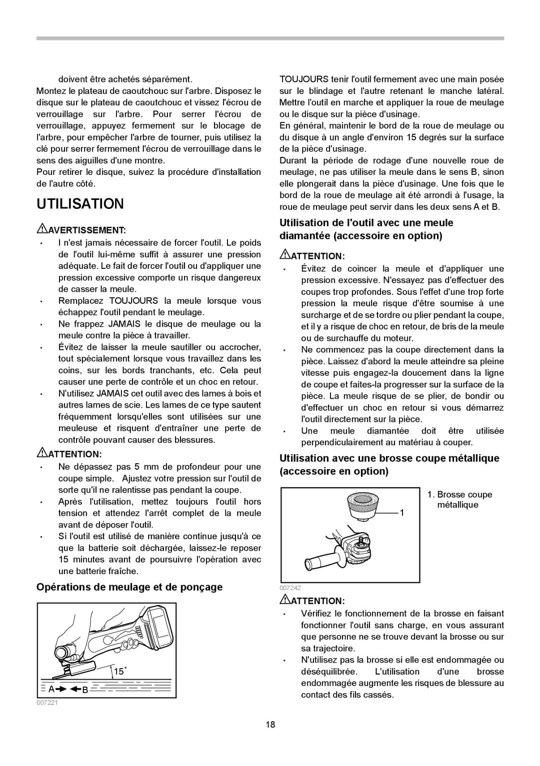 Makita BGA450, BGA452 instruction manual Utilisation, Opérations de meulage et de ponçage 