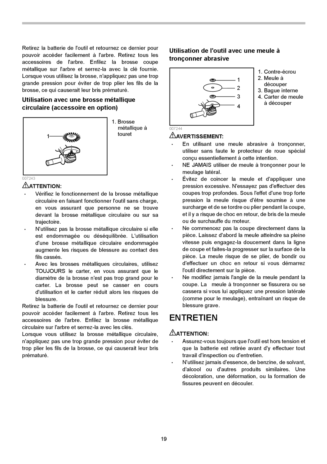 Makita BGA452, BGA450 instruction manual Entretien, Utilisation de loutil avec une meule à tronçonner abrasive 