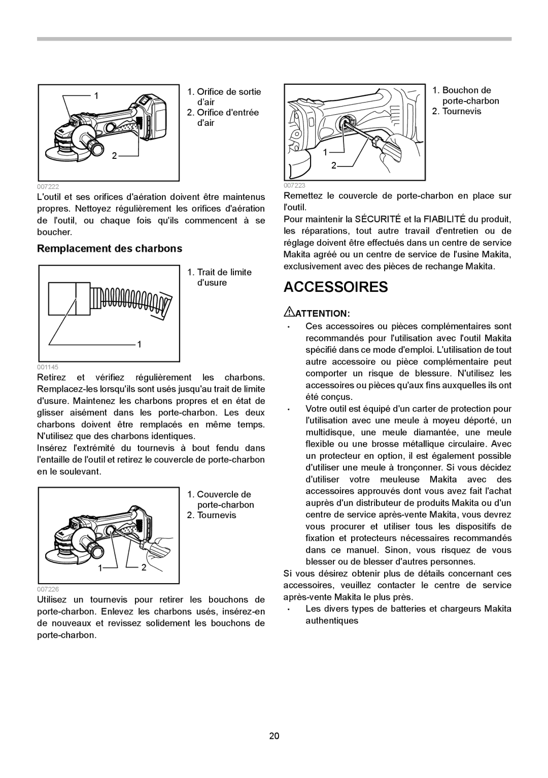 Makita BGA450, BGA452 instruction manual Accessoires, Remplacement des charbons 