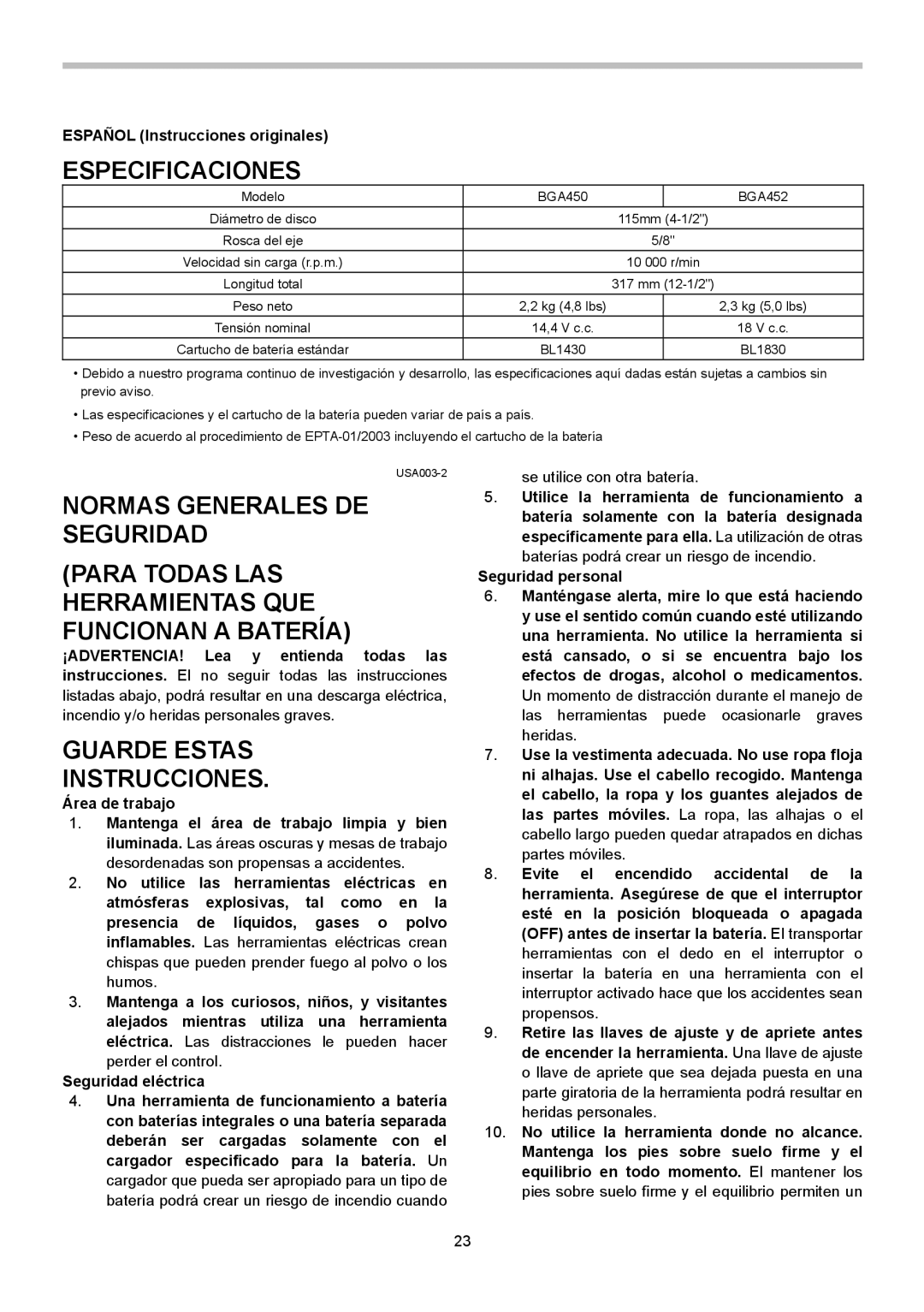 Makita BGA452, BGA450 Especificaciones, Guarde Estas Instrucciones, Español Instrucciones originales, Área de trabajo 