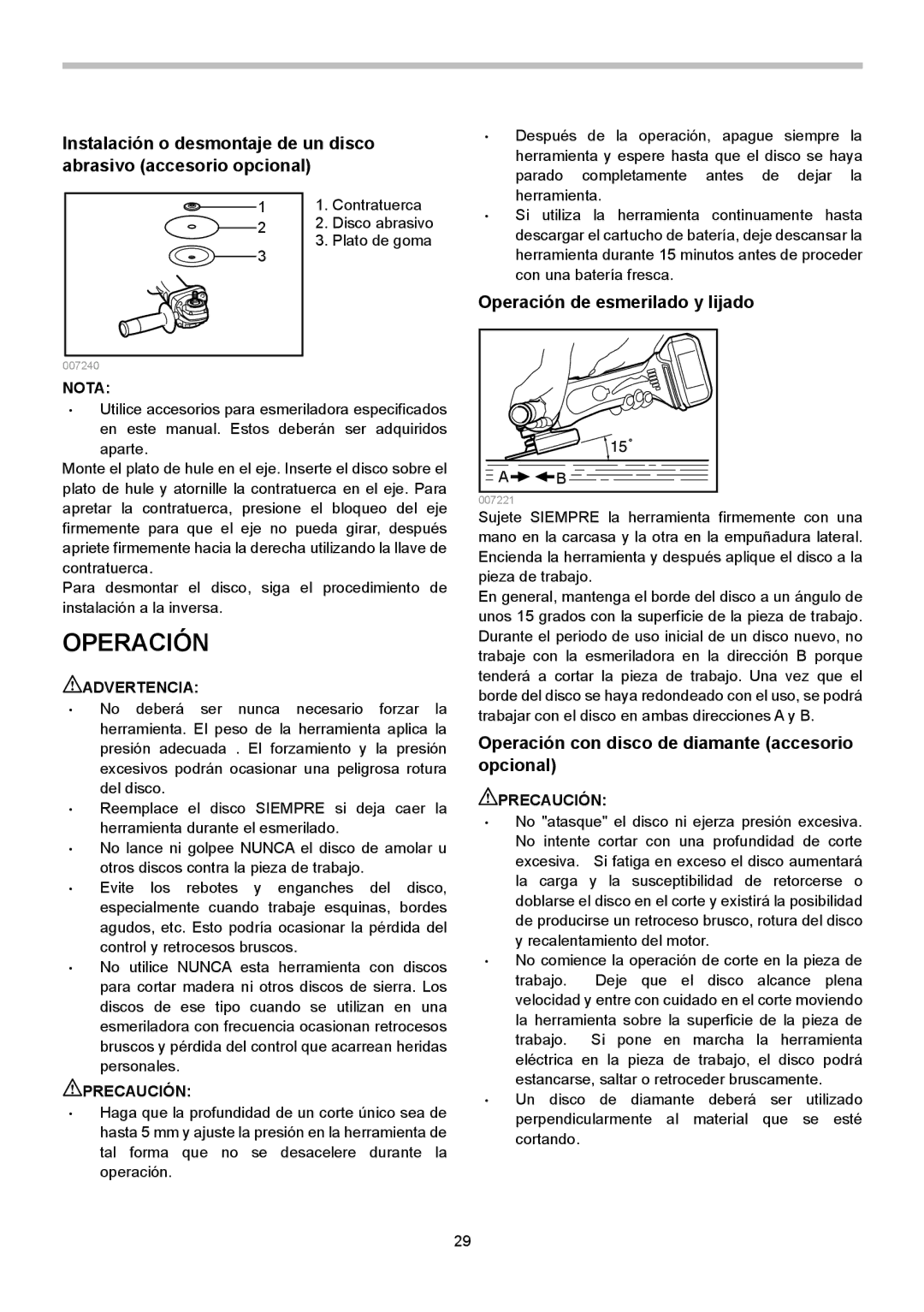 Makita BGA452, BGA450 Operación de esmerilado y lijado, Operación con disco de diamante accesorio opcional 