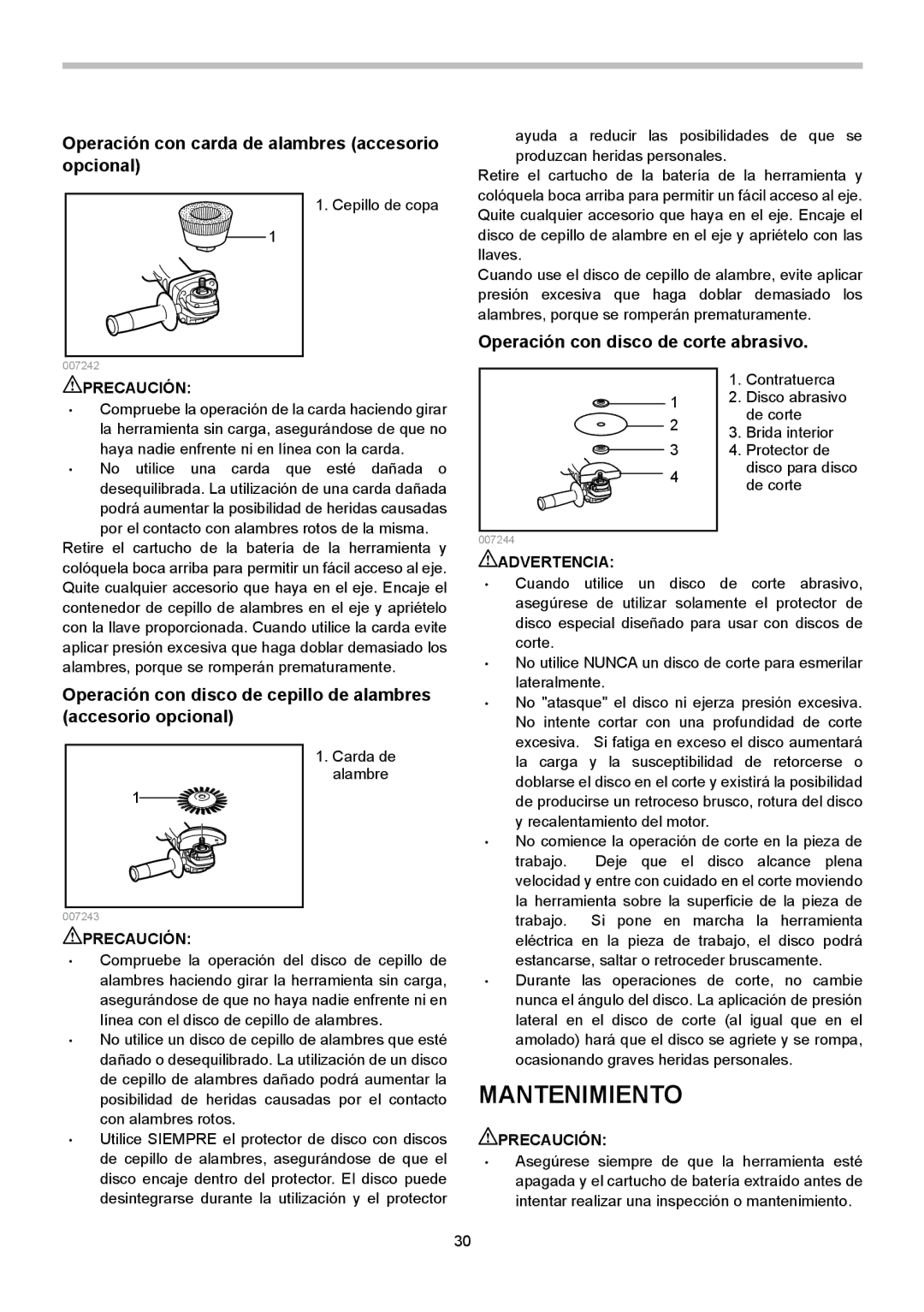 Makita BGA450 Mantenimiento, Operación con carda de alambres accesorio opcional, Operación con disco de corte abrasivo 