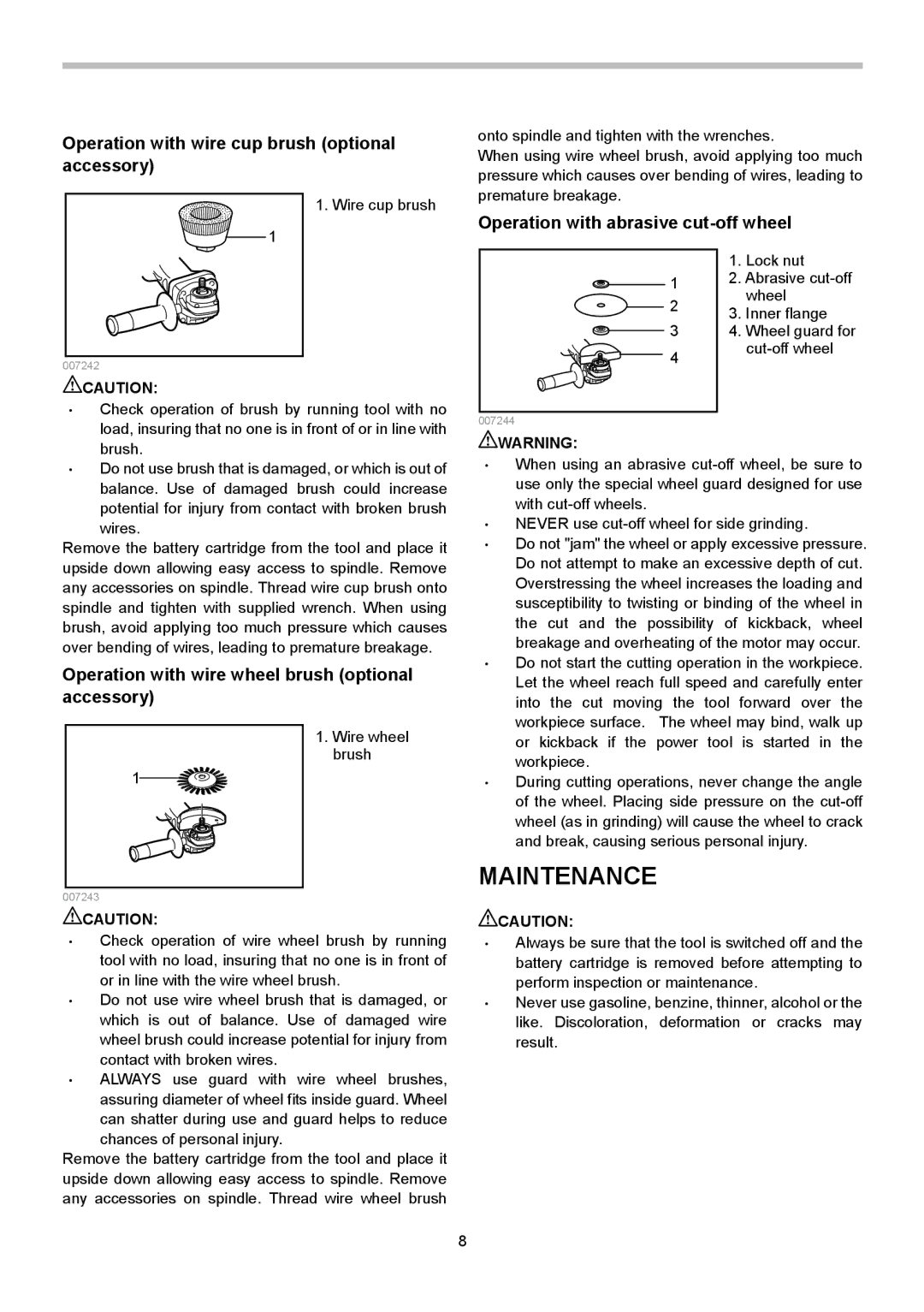Makita BGA450, BGA452 Maintenance, Operation with wire cup brush optional accessory, Operation with abrasive cut-off wheel 