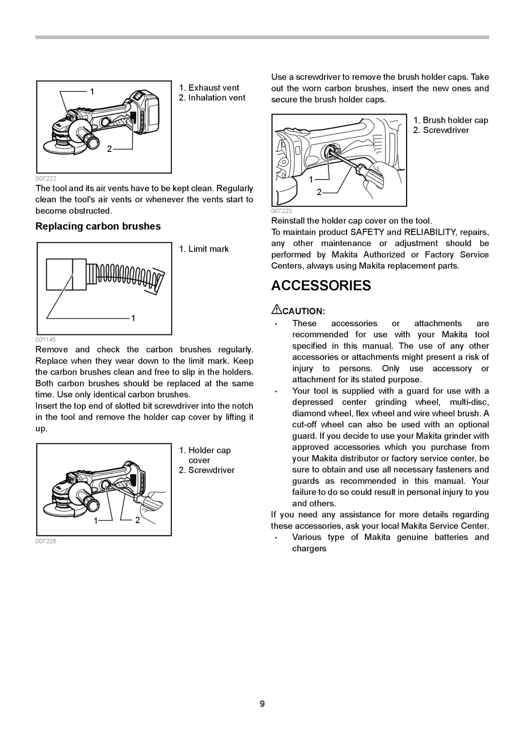 Makita BGA452, BGA450 instruction manual Accessories, Replacing carbon brushes 