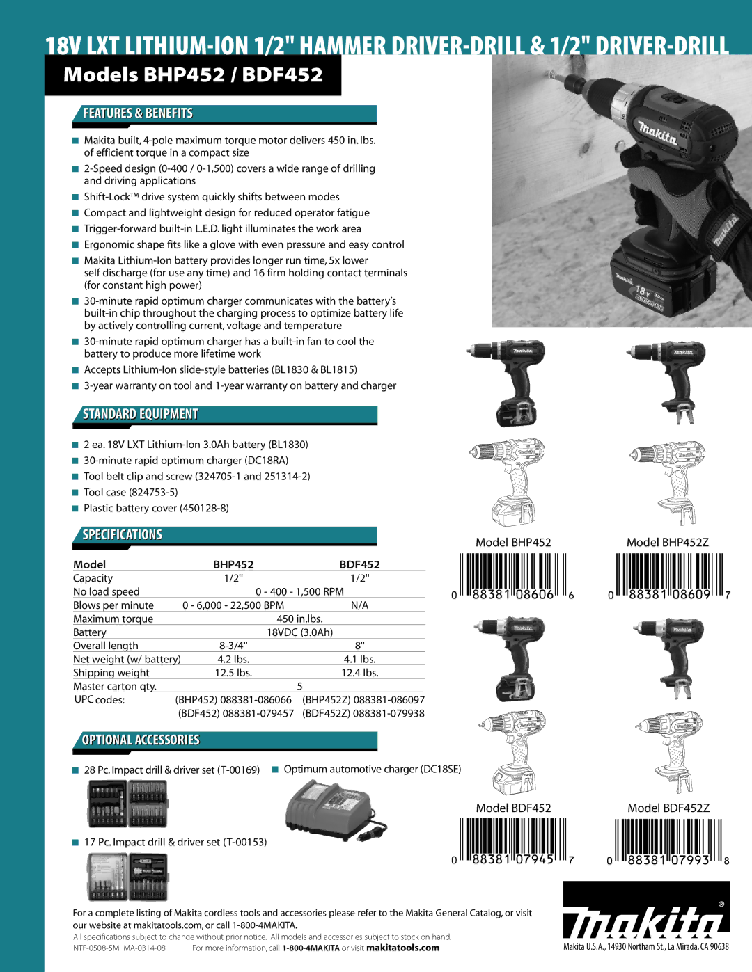 Makita BHP452Z, BDF452Z manual Features & Benefits, Standard Equipment, Specifications, Optional Accessories 