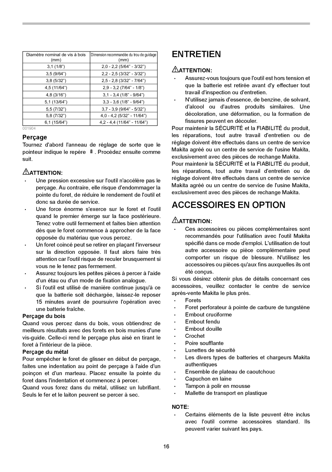 Makita BHP453, BHP343 instruction manual Entretien, Accessoires EN Option, Perçage du bois, Perçage du métal 