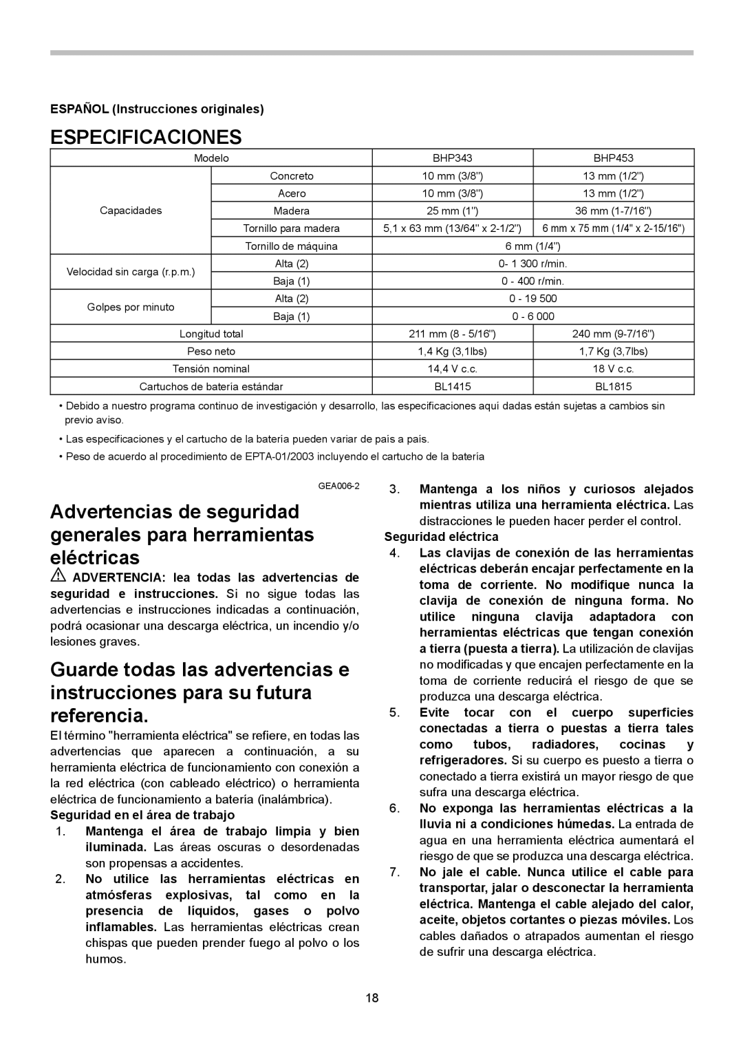 Makita BHP453, BHP343 instruction manual Especificaciones, Español Instrucciones originales 