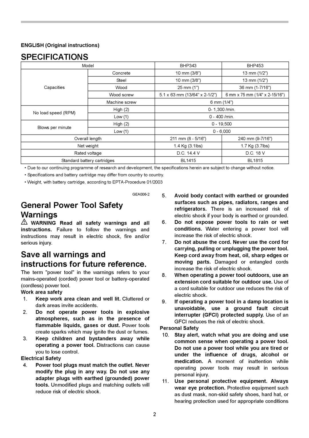 Makita BHP453, BHP343 instruction manual Specifications, English Original instructions 