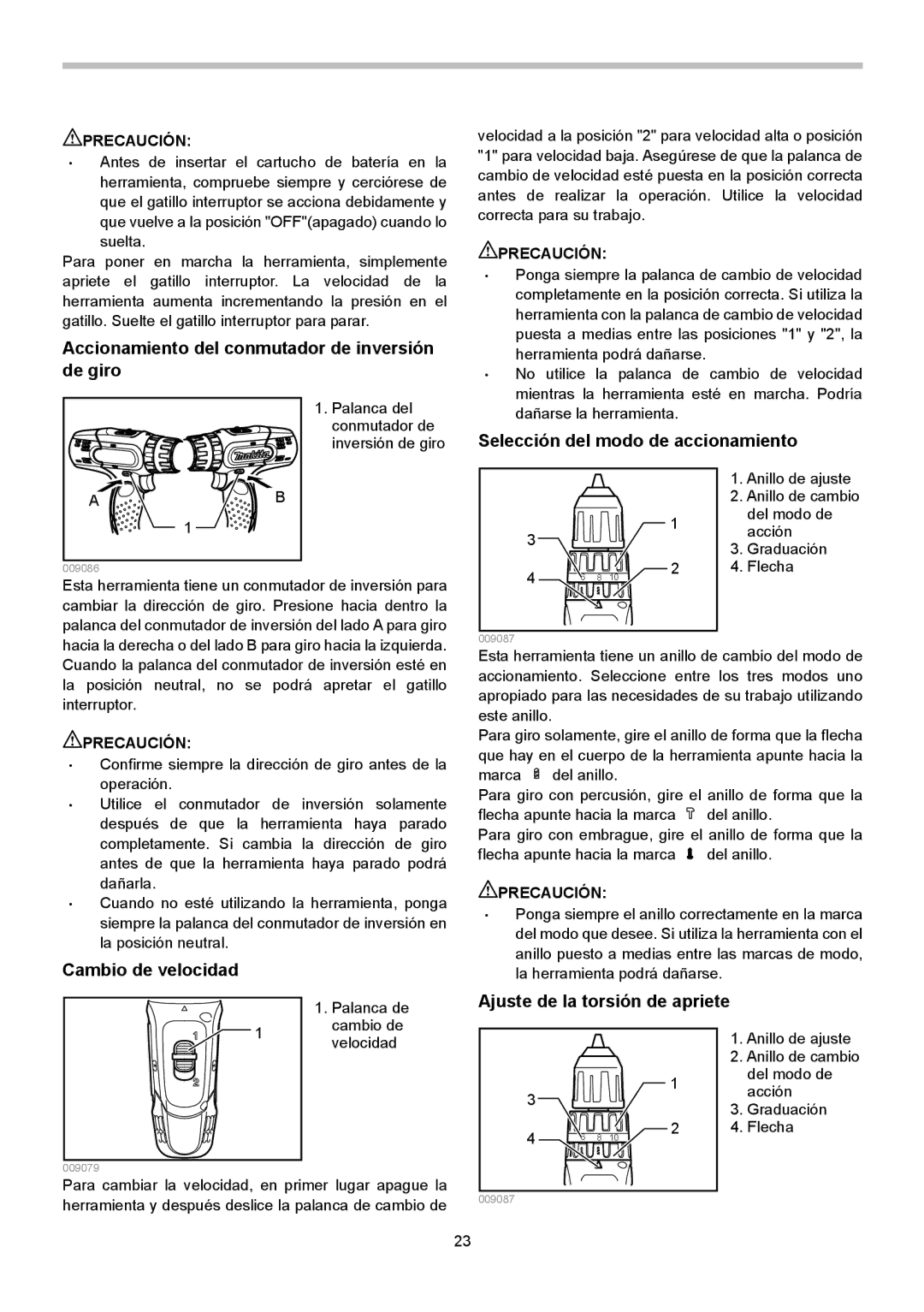 Makita BHP343 Accionamiento del conmutador de inversión de giro, Selección del modo de accionamiento, Cambio de velocidad 