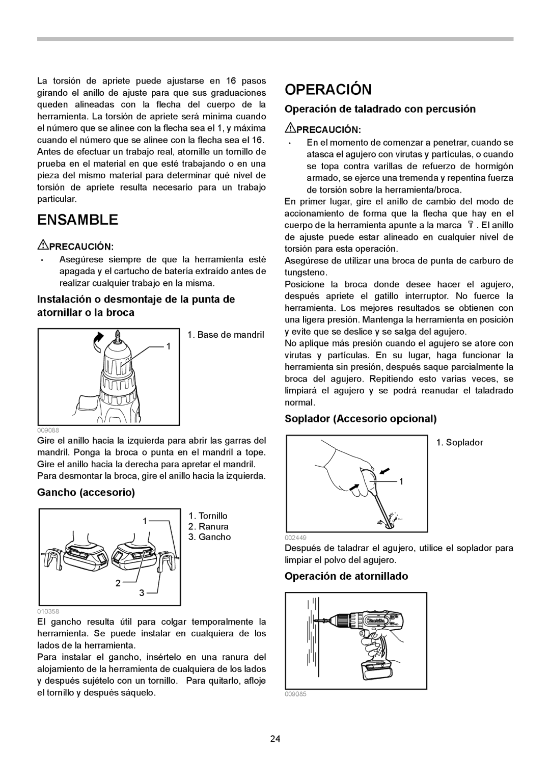 Makita BHP453, BHP343 instruction manual Ensamble, Operación 