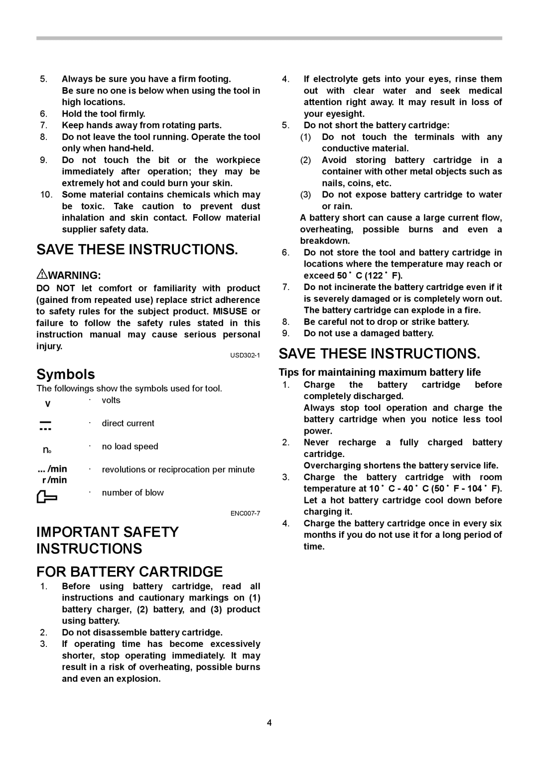 Makita BHP453, BHP343 Important Safety Instructions For Battery Cartridge, Tips for maintaining maximum battery life 