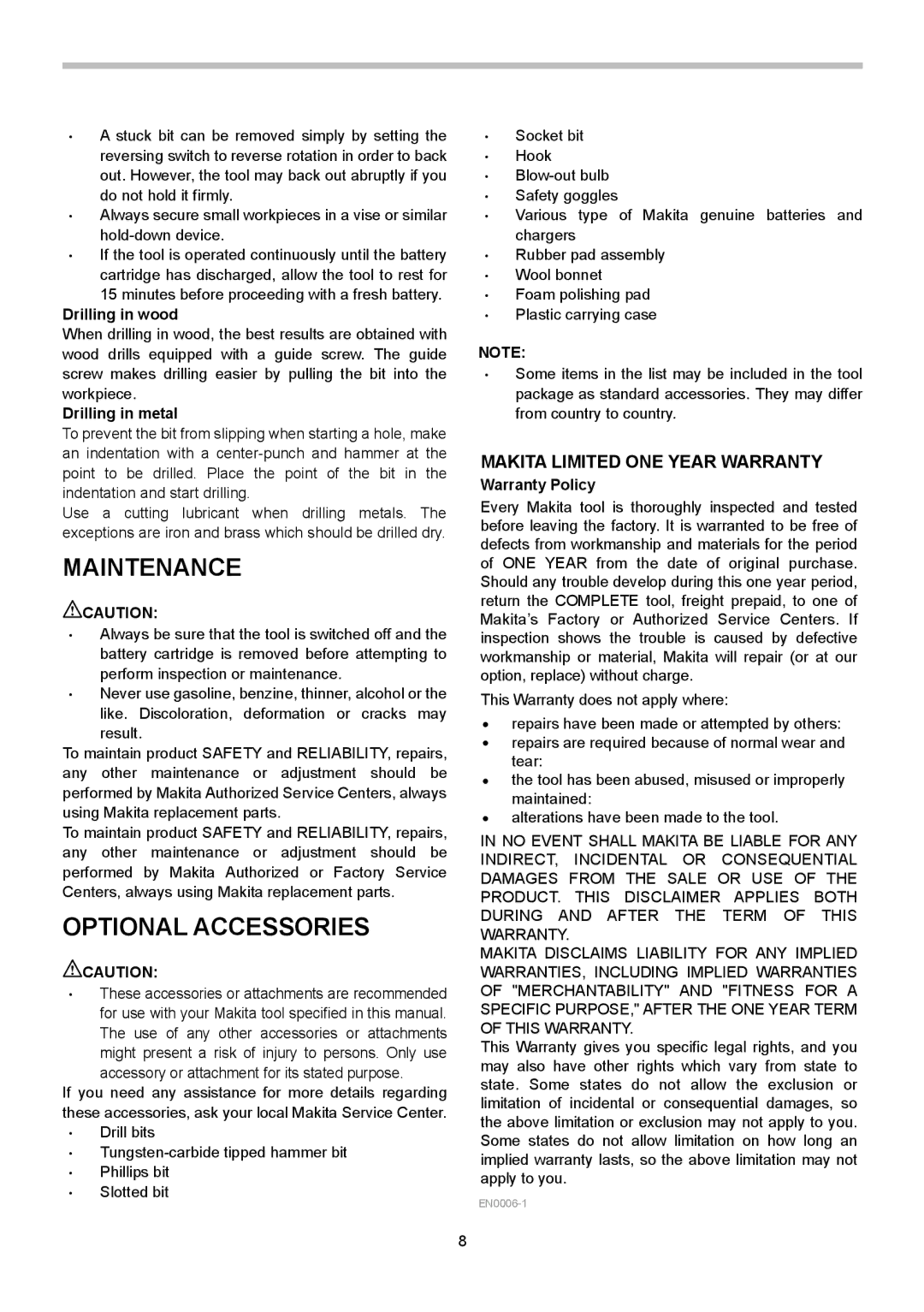 Makita BHP453, BHP343 Maintenance, Optional Accessories, Drilling in wood, Drilling in metal, Warranty Policy 