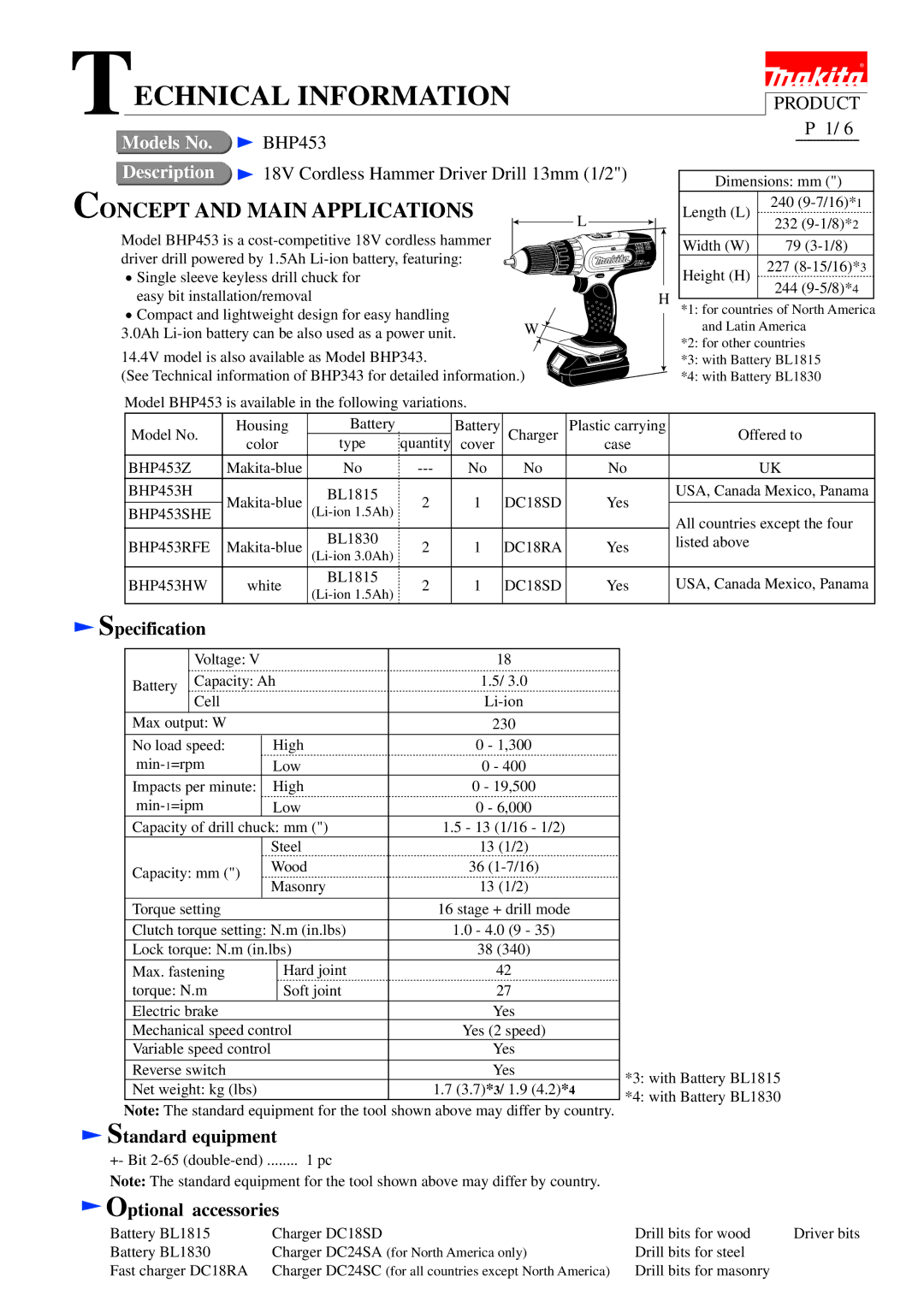 Makita BHP453 dimensions Specification, Standard equipment, Optional accessories 