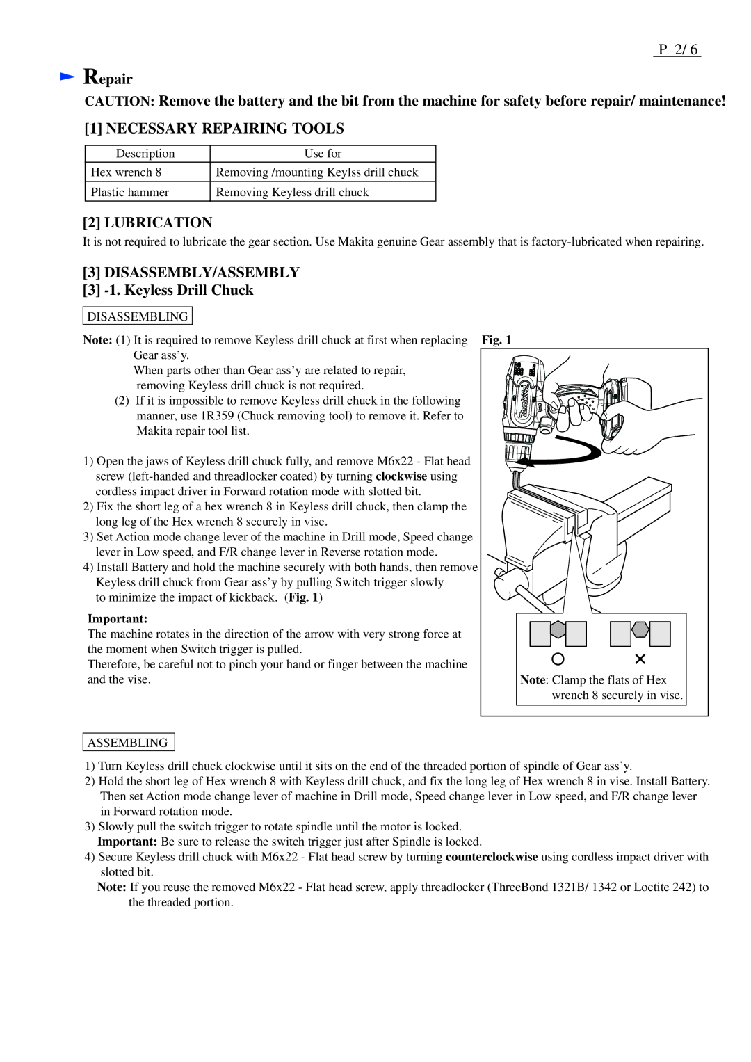 Makita BHP453 dimensions Repair, Keyless Drill Chuck 