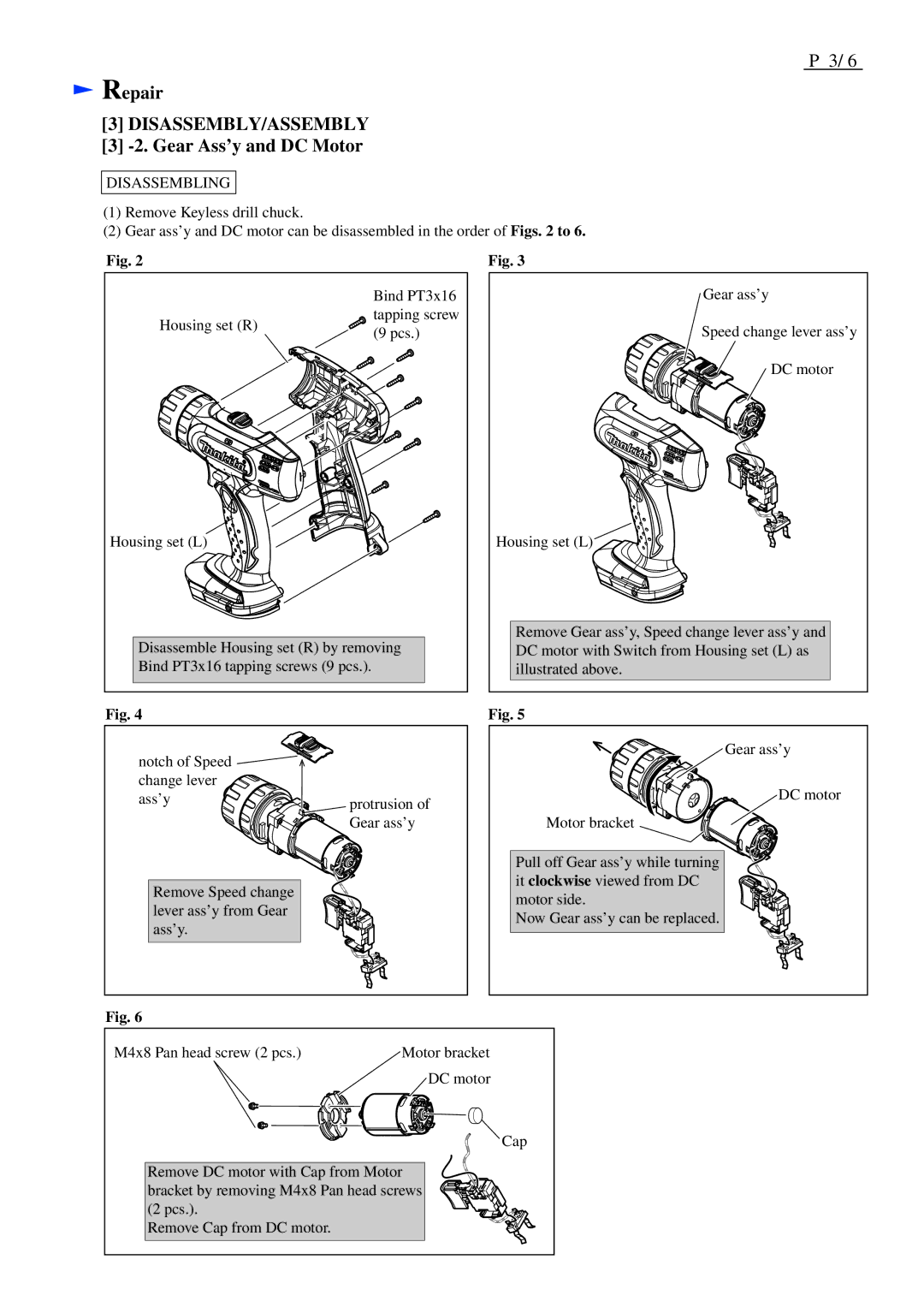 Makita BHP453 dimensions Gear Ass’y and DC Motor 