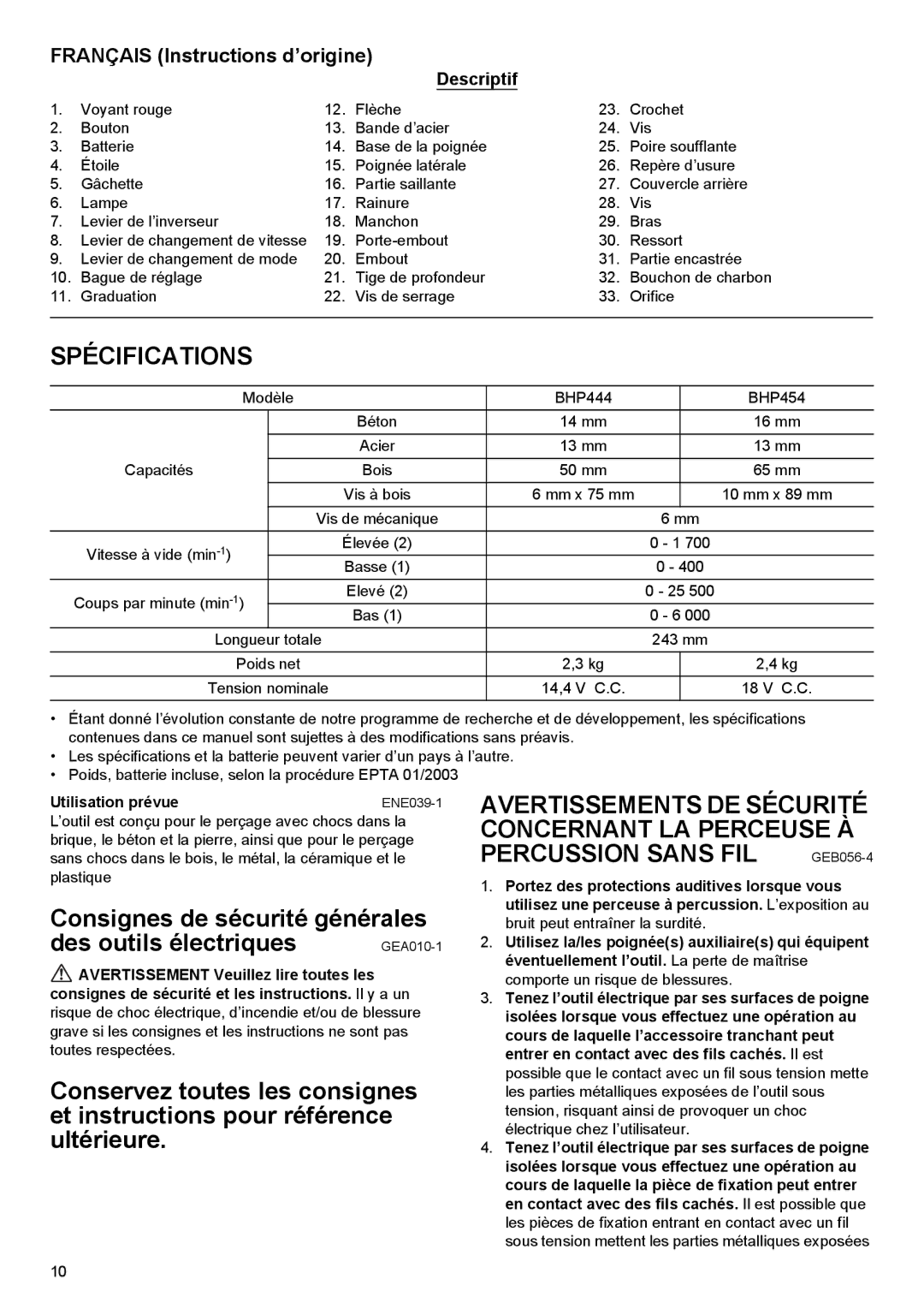 Makita BHP454, BHP444 Spécifications, Percussion Sans FIL, Français Instructions d’origine, Descriptif, Utilisation prévue 