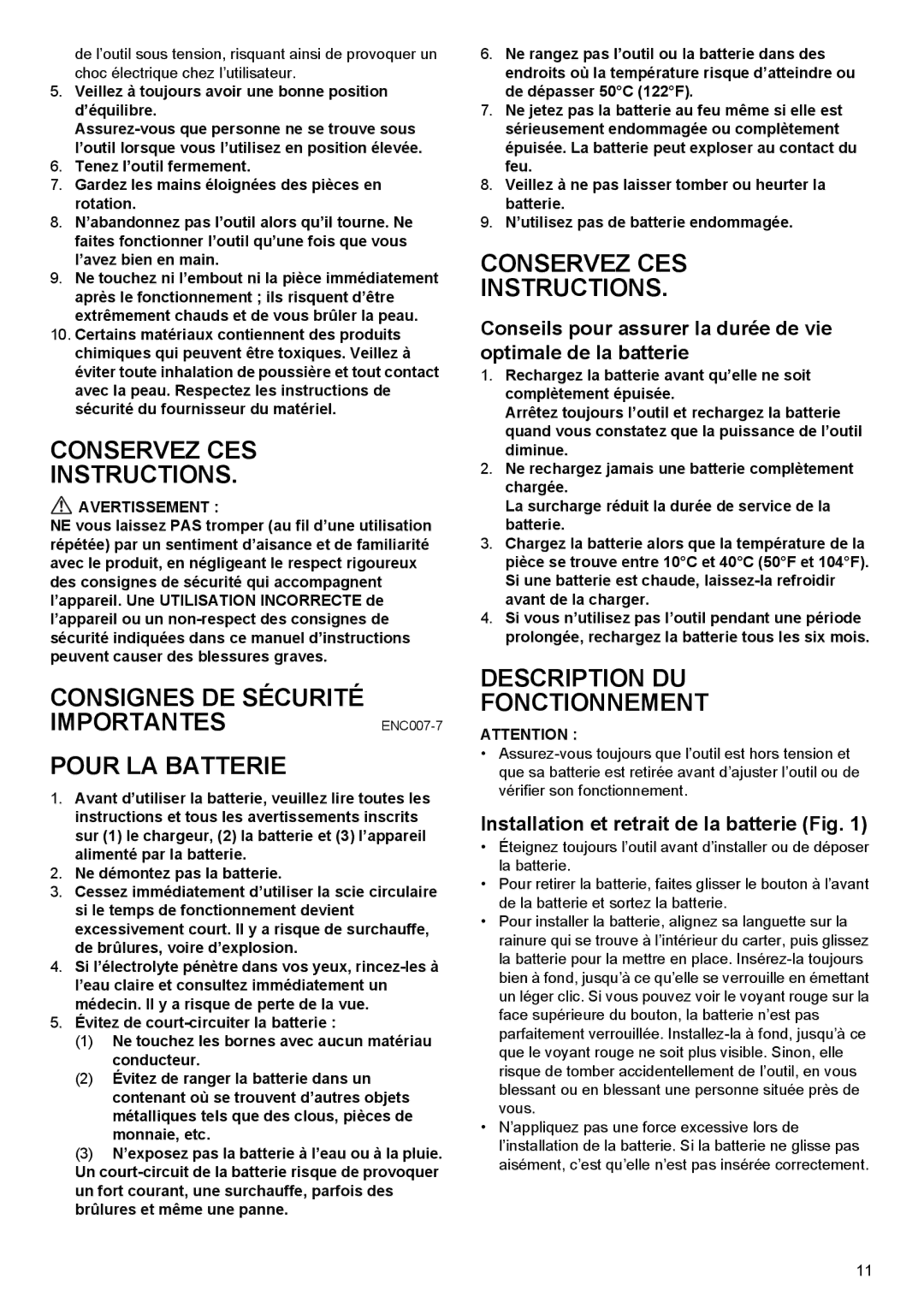 Makita BHP444 Conservez CES Instructions, Consignes DE Sécurité IMPORTANTESENC007-7 Pour LA Batterie, Avertissement 