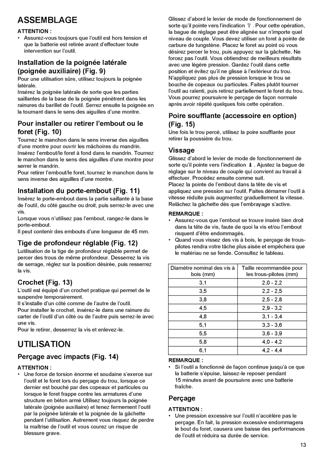 Makita BHP444, BHP454 instruction manual Assemblage, Utilisation 