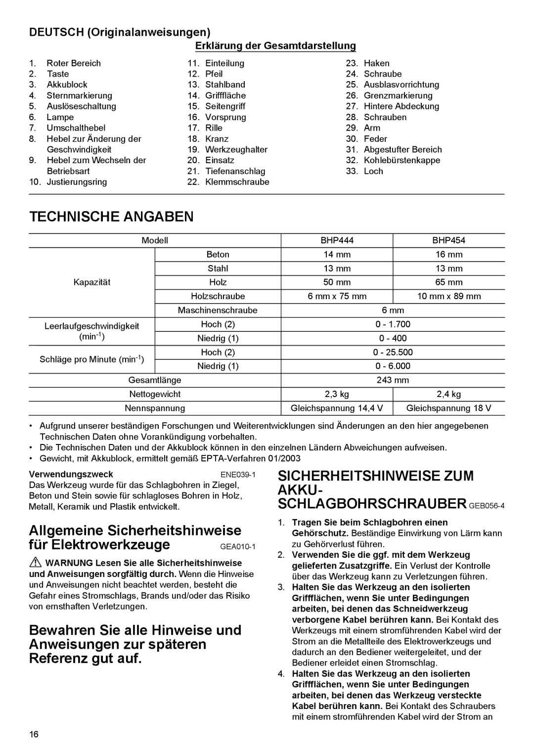 Makita BHP454 Technische Angaben, Sicherheitshinweise ZUM Akku Schlagbohrschrauber GEB056-4, Deutsch Originalanweisungen 