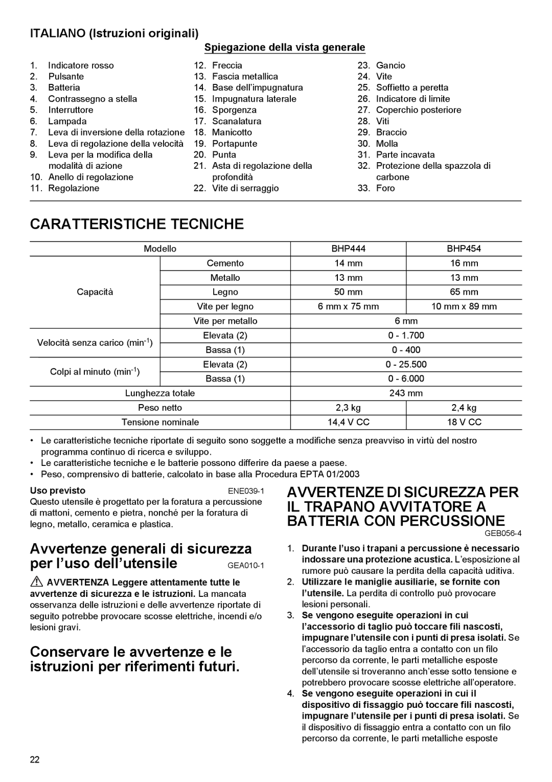 Makita BHP454 Caratteristiche Tecniche, Italiano Istruzioni originali, Spiegazione della vista generale, Uso previsto 