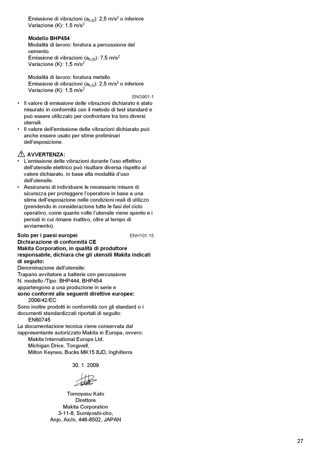 Makita BHP444, BHP454 instruction manual Avvertenza 