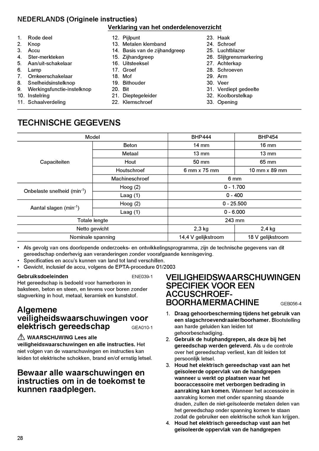 Makita BHP454, BHP444 Technische Gegevens, Nederlands Originele instructies, Verklaring van het onderdelenoverzicht 