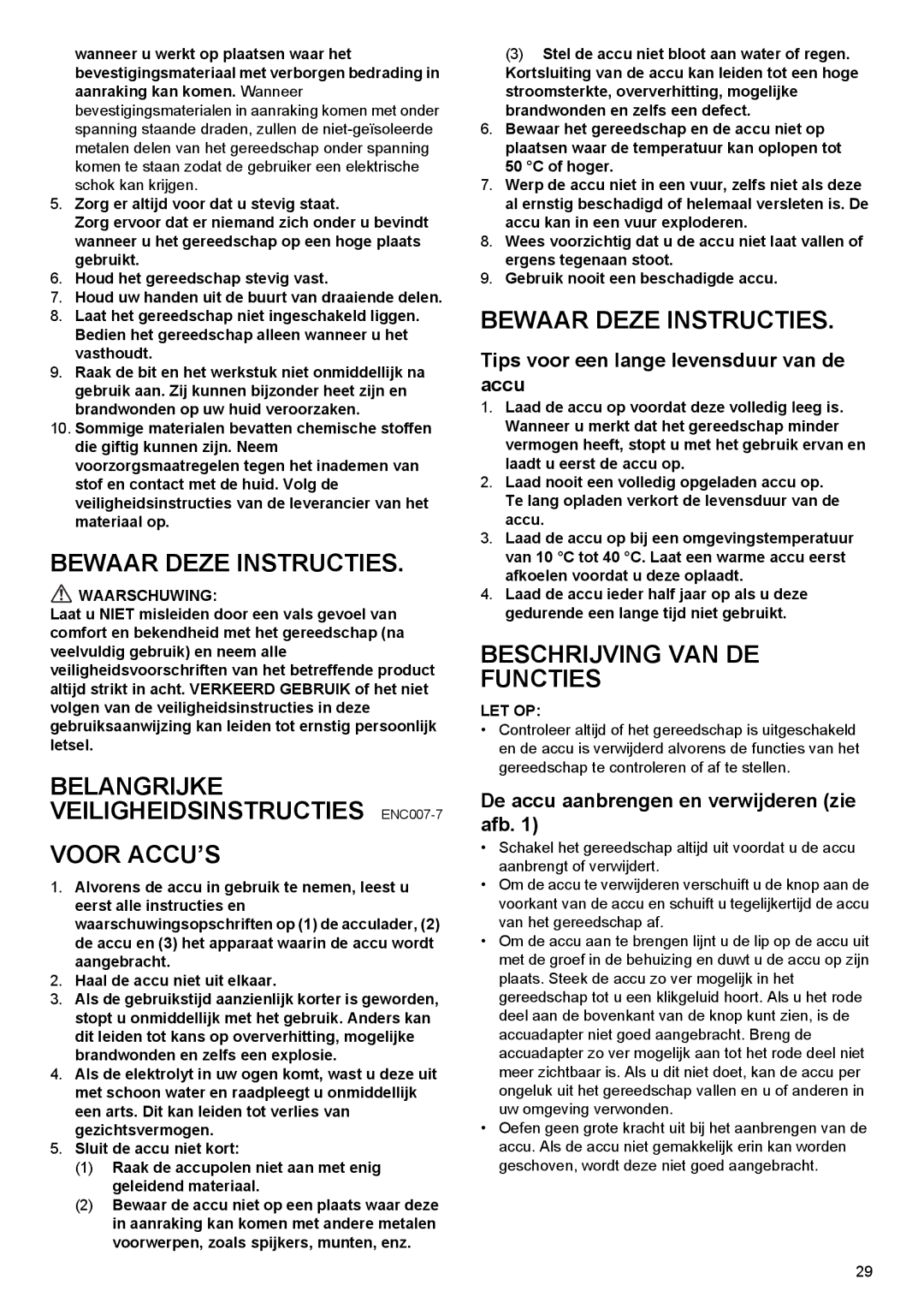 Makita BHP444, BHP454 instruction manual Bewaar Deze Instructies, Belangrijke Veiligheidsinstructies ENC007-7 Voor ACCU’S 