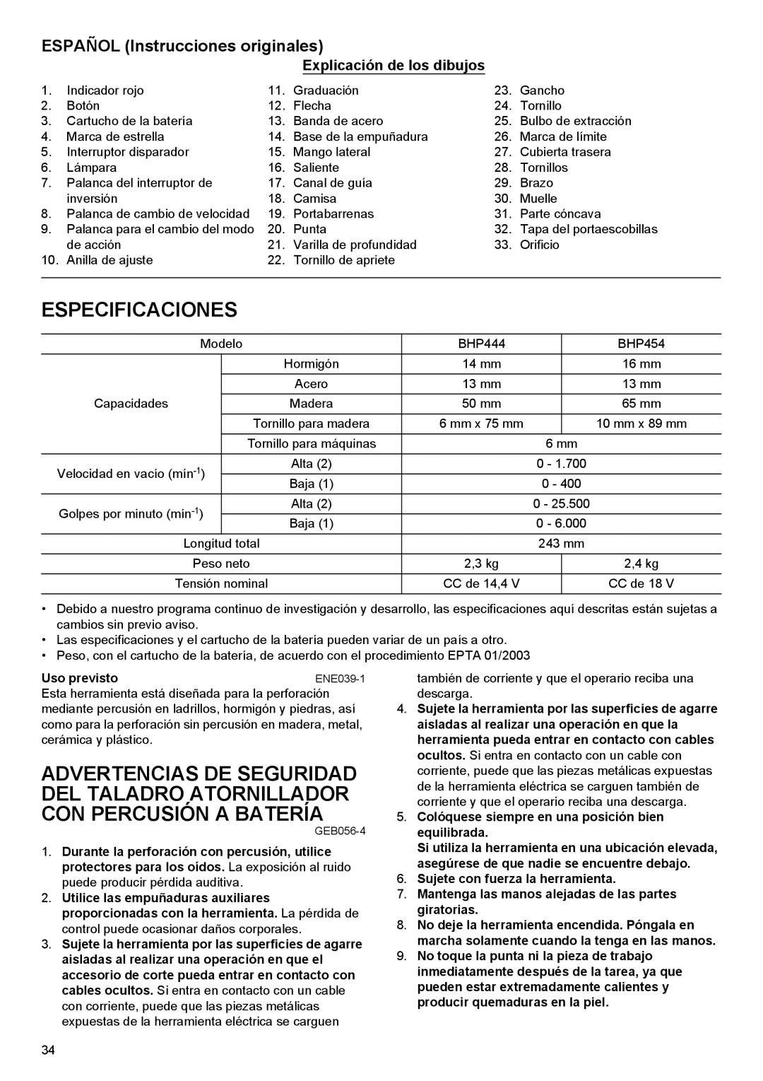 Makita BHP454, BHP444 instruction manual Especificaciones, Español Instrucciones originales, Explicación de los dibujos 