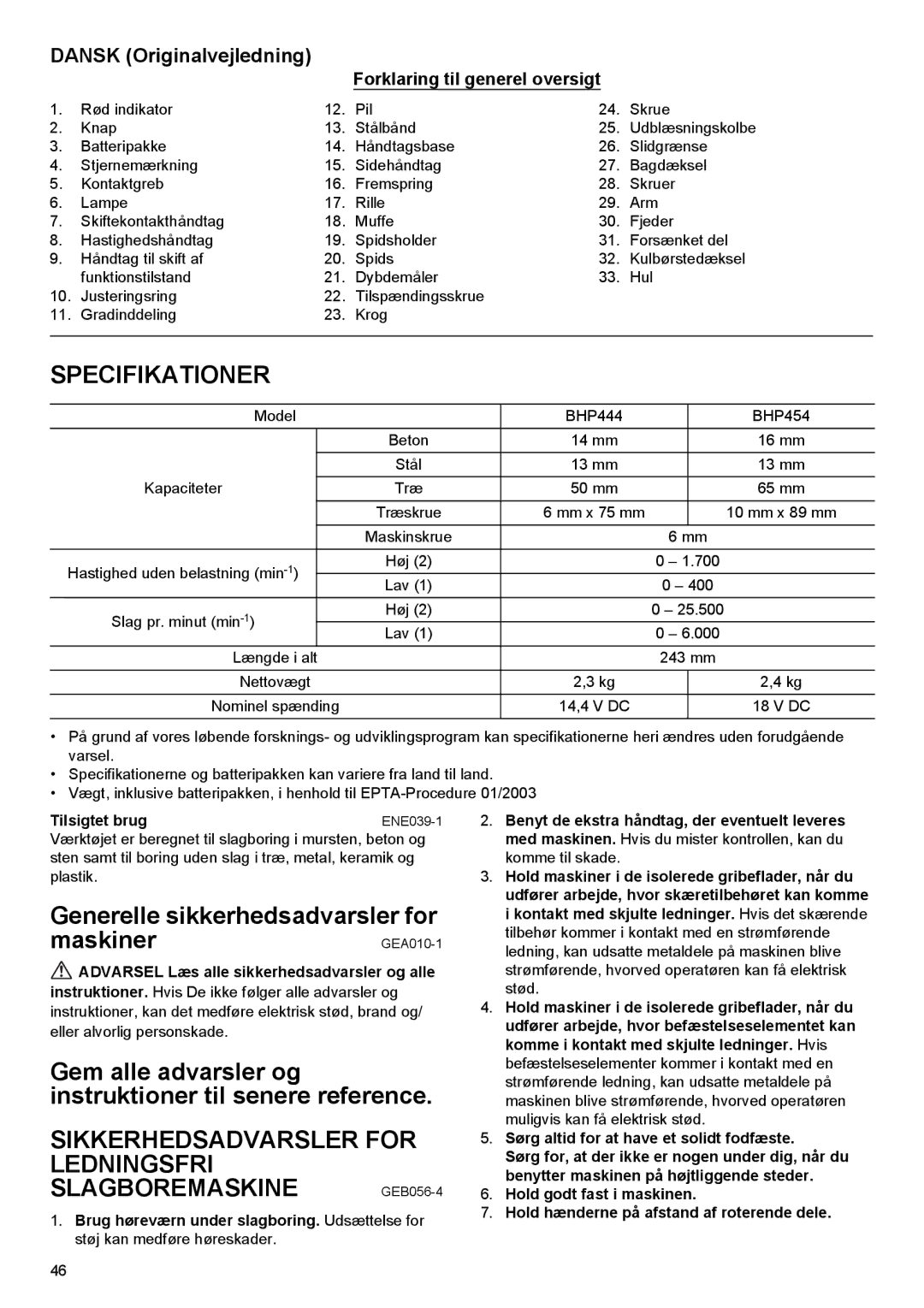 Makita BHP454, BHP444 Specifikationer, Dansk Originalvejledning, Forklaring til generel oversigt, Tilsigtet brug 