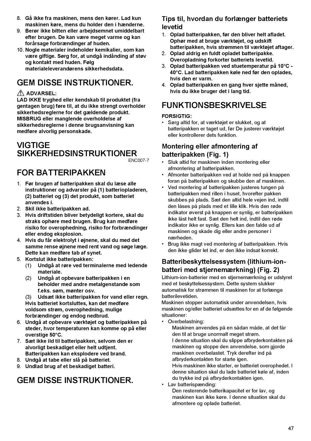 Makita BHP444, BHP454 instruction manual GEM Disse Instruktioner, For Batteripakken, Funktionsbeskrivelse 