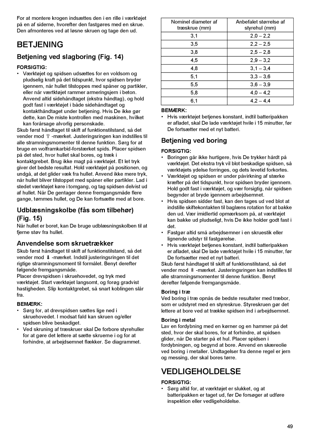 Makita BHP444, BHP454 instruction manual Betjening, Vedligeholdelse 