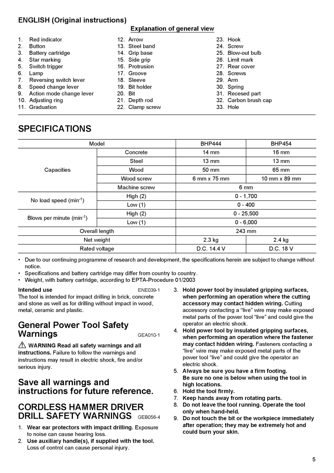 Makita BHP444, BHP454 Specifications, Cordless Hammer Driver Drill Safety Warnings GEB056-4, English Original instructions 