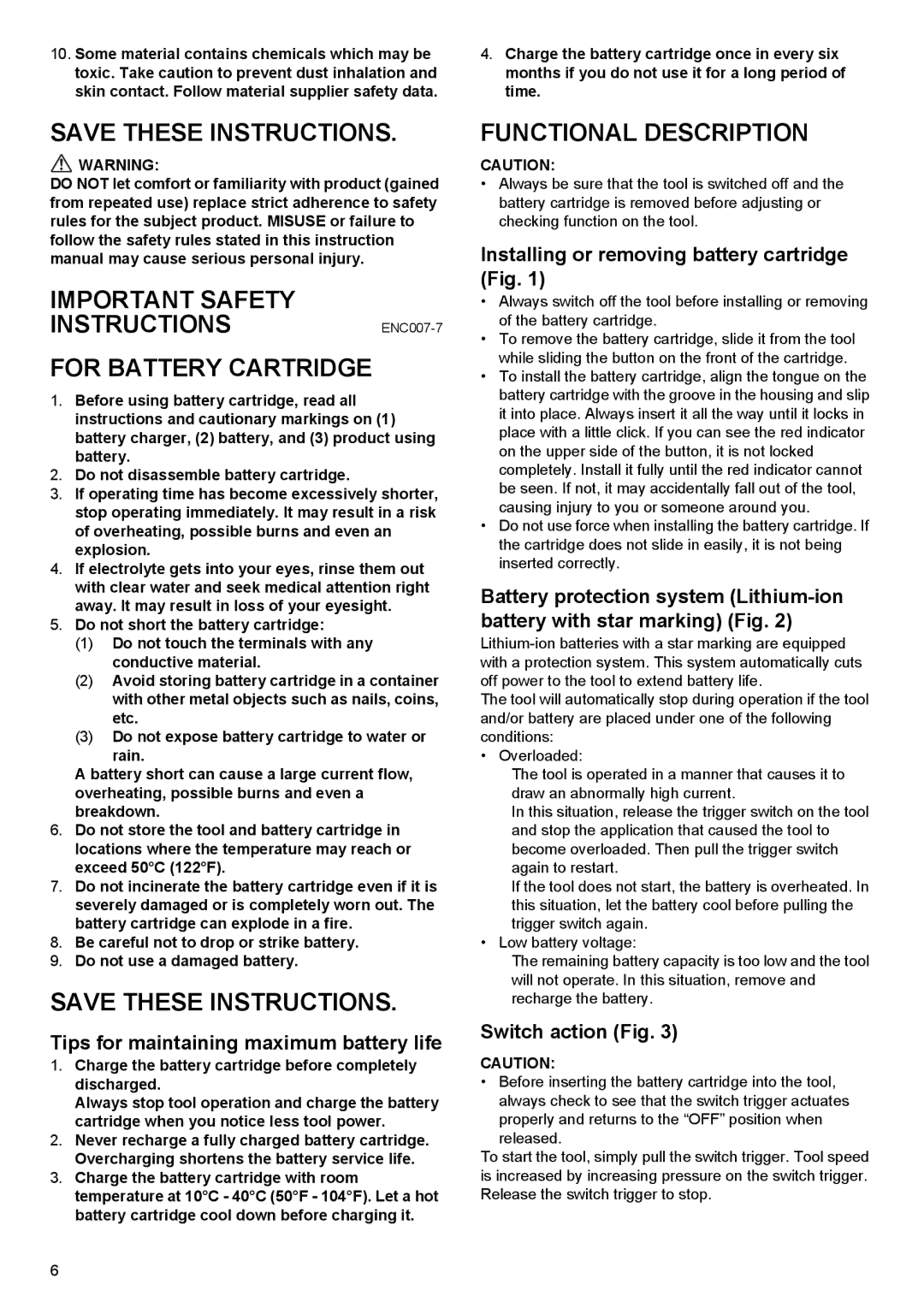 Makita BHP454 Important Safety INSTRUCTIONSENC007-7 For Battery Cartridge, Functional Description, Switch action Fig 