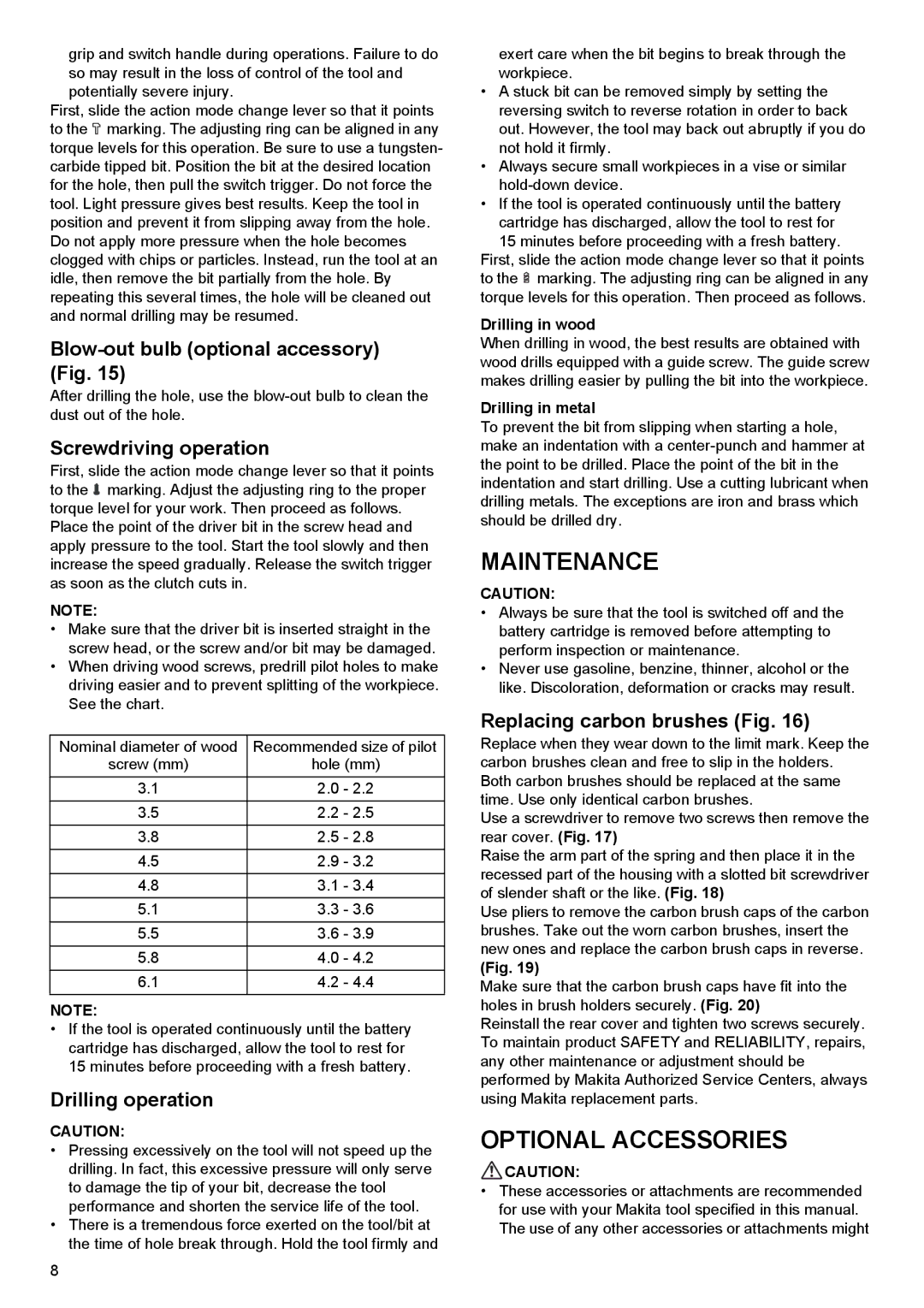 Makita BHP454, BHP444 instruction manual Maintenance, Optional Accessories 